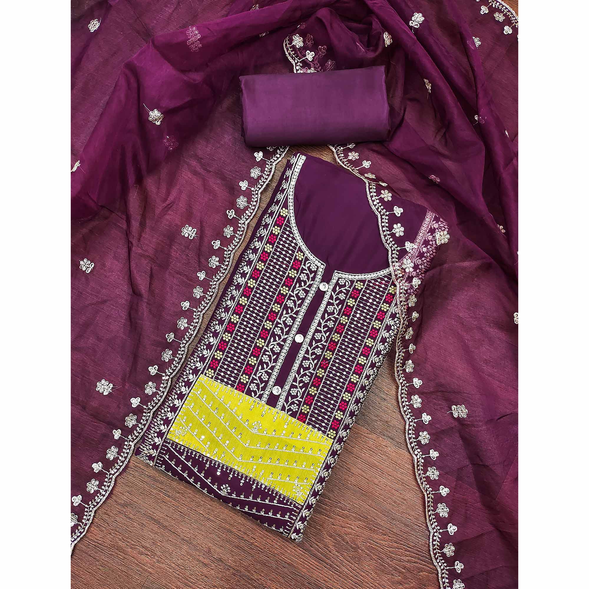 Wine Floral Sequins Embroidered Roman Cotton Silk Dress Material