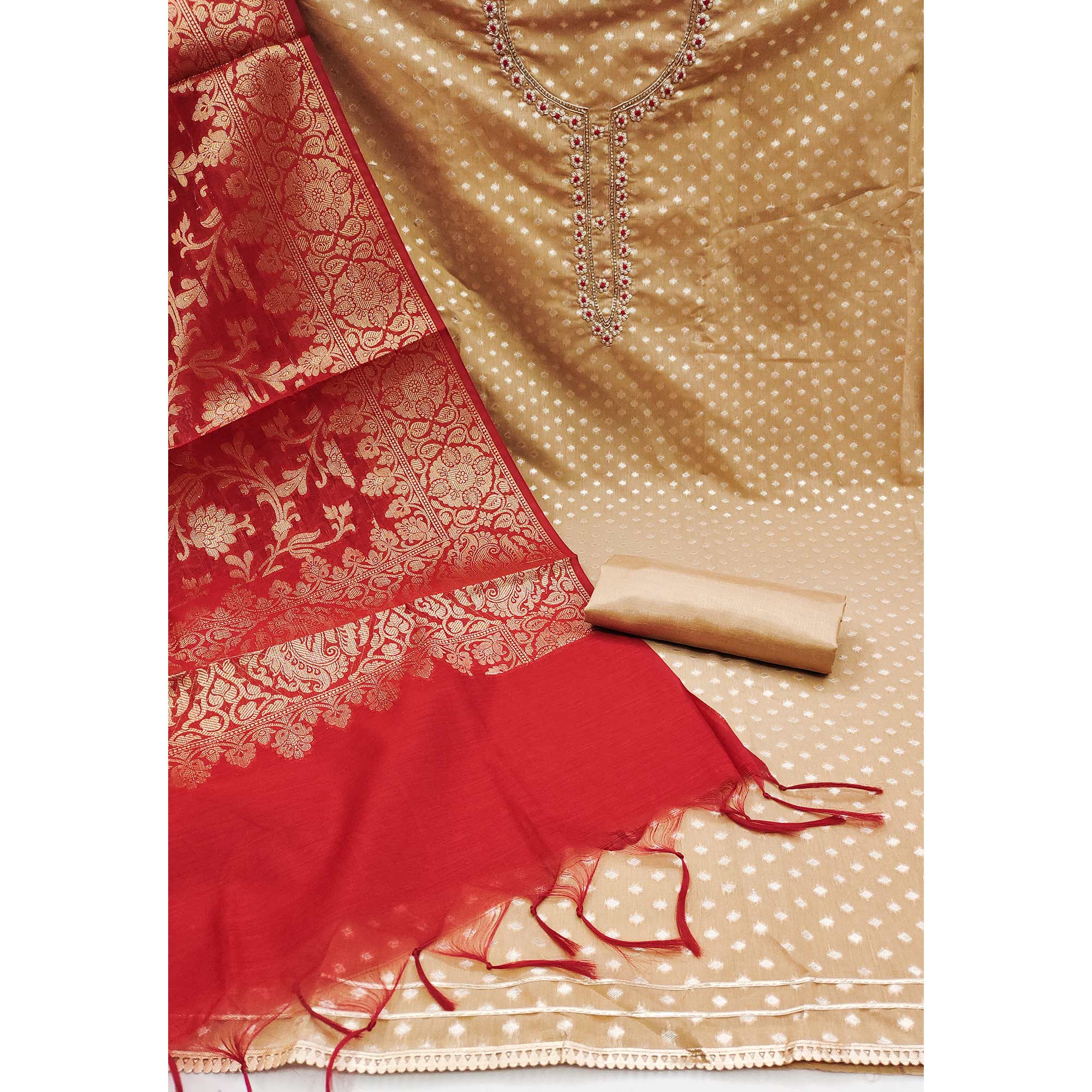 Beige Floral Woven With Handwork Banarasi Silk Jacquard Dress Material