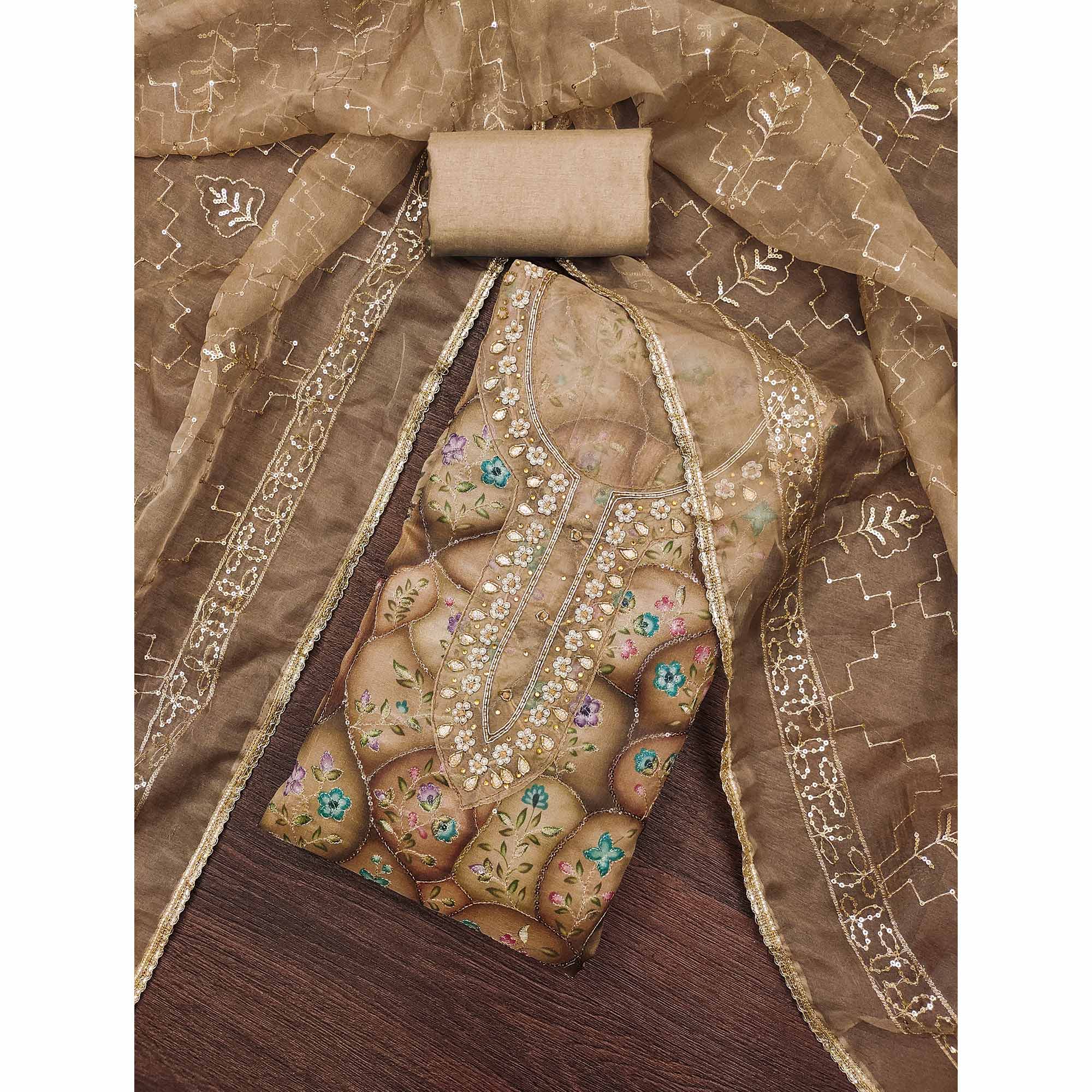 Light Brown Floral Sequins Embroidery With Handwork Organza Dress Material