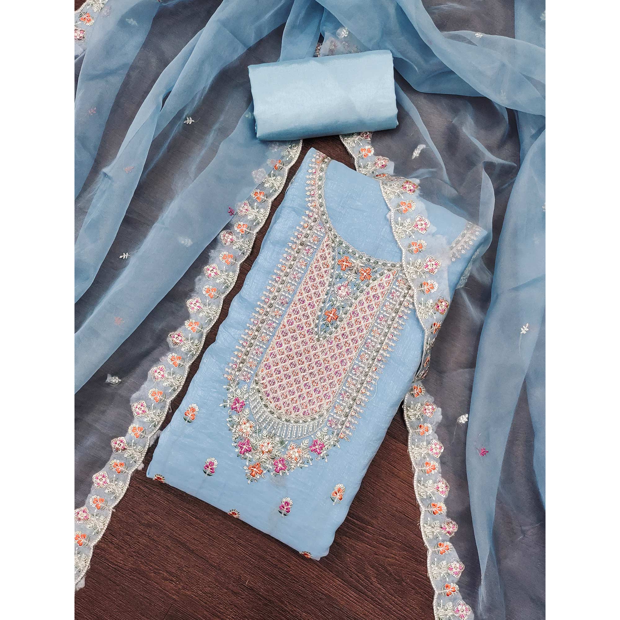 Blue Floral Sequins Embroidery Viscose Dress Material