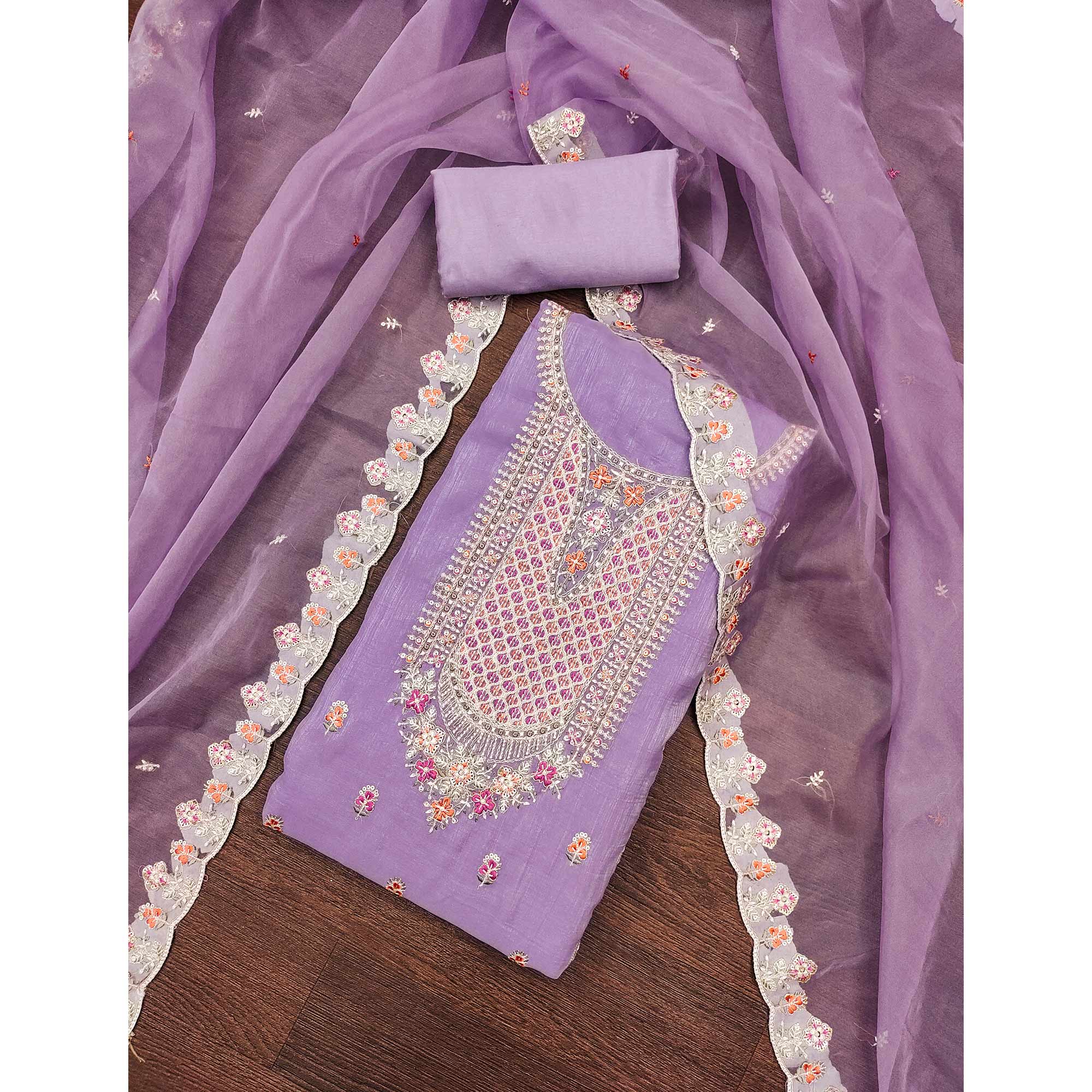 Lavender Floral Sequins Embroidery Viscose Dress Material