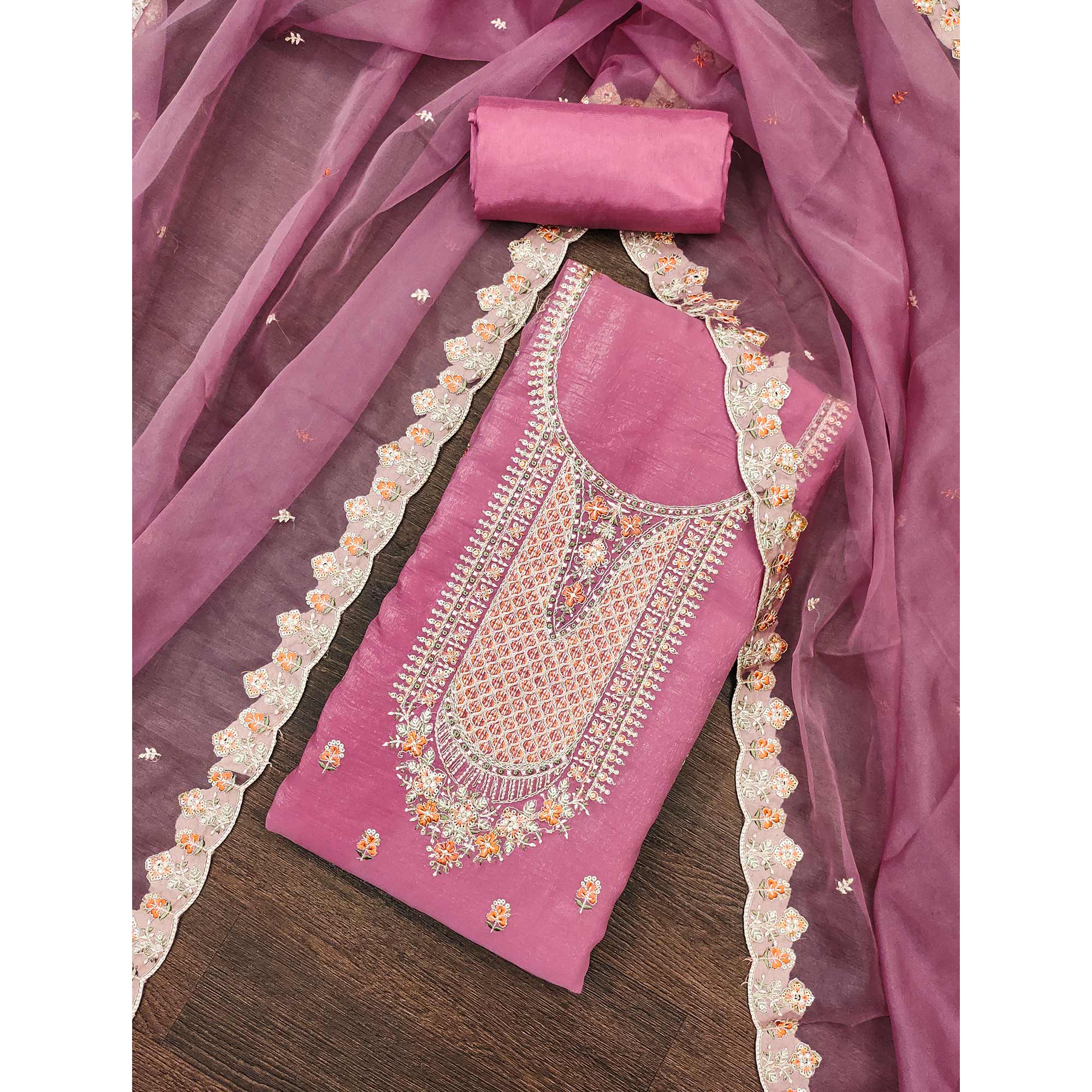 Pink Floral Sequins Embroidery Viscose Dress Material