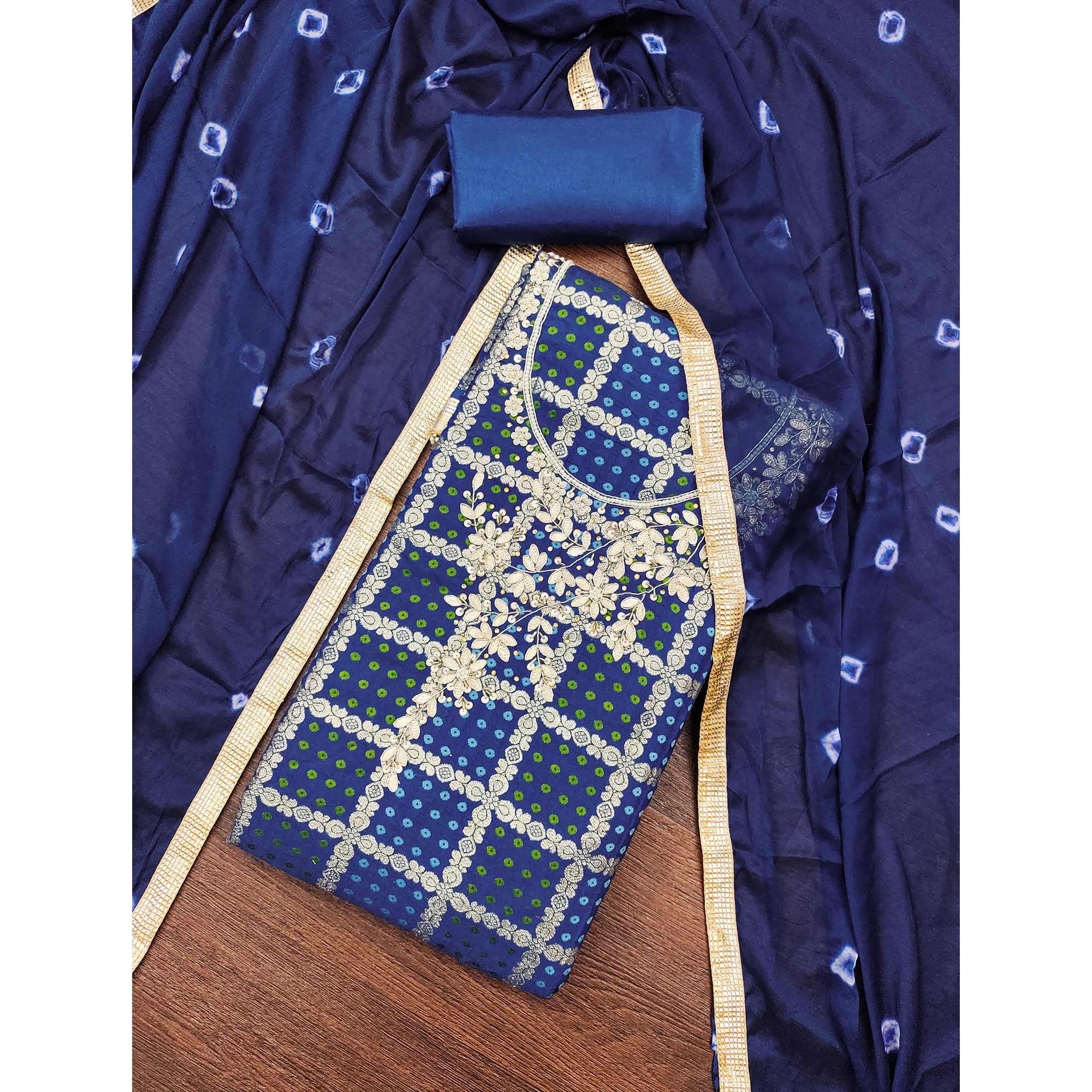 Blue Bandhani Woven With Handwork Cotton Silk Banarasi Dress Material