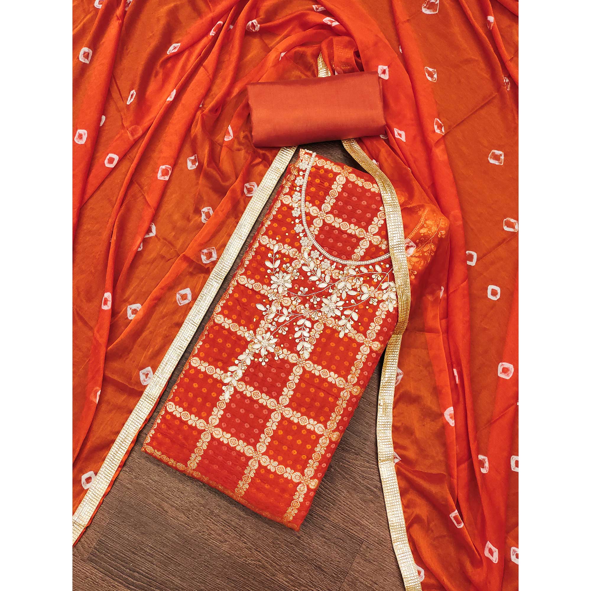 Orange Bandhani Woven With Handwork Cotton Silk Banarasi Dress Material