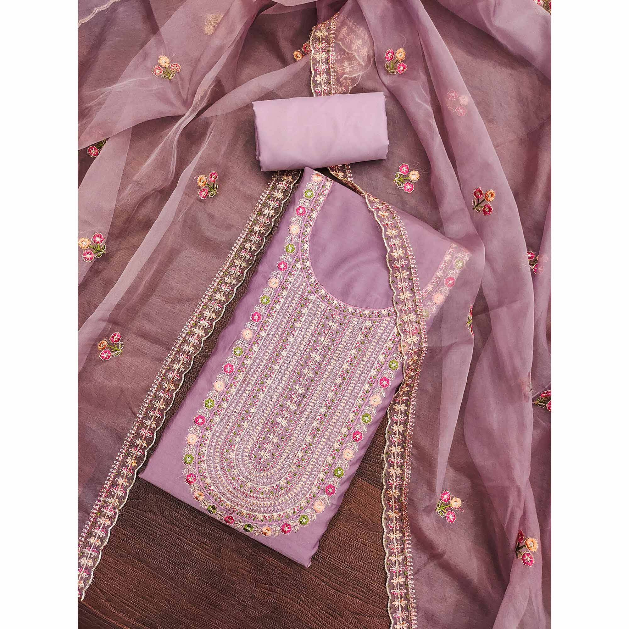 Light Purple Floral Embroidered Roman Cotton Silk Dress Material