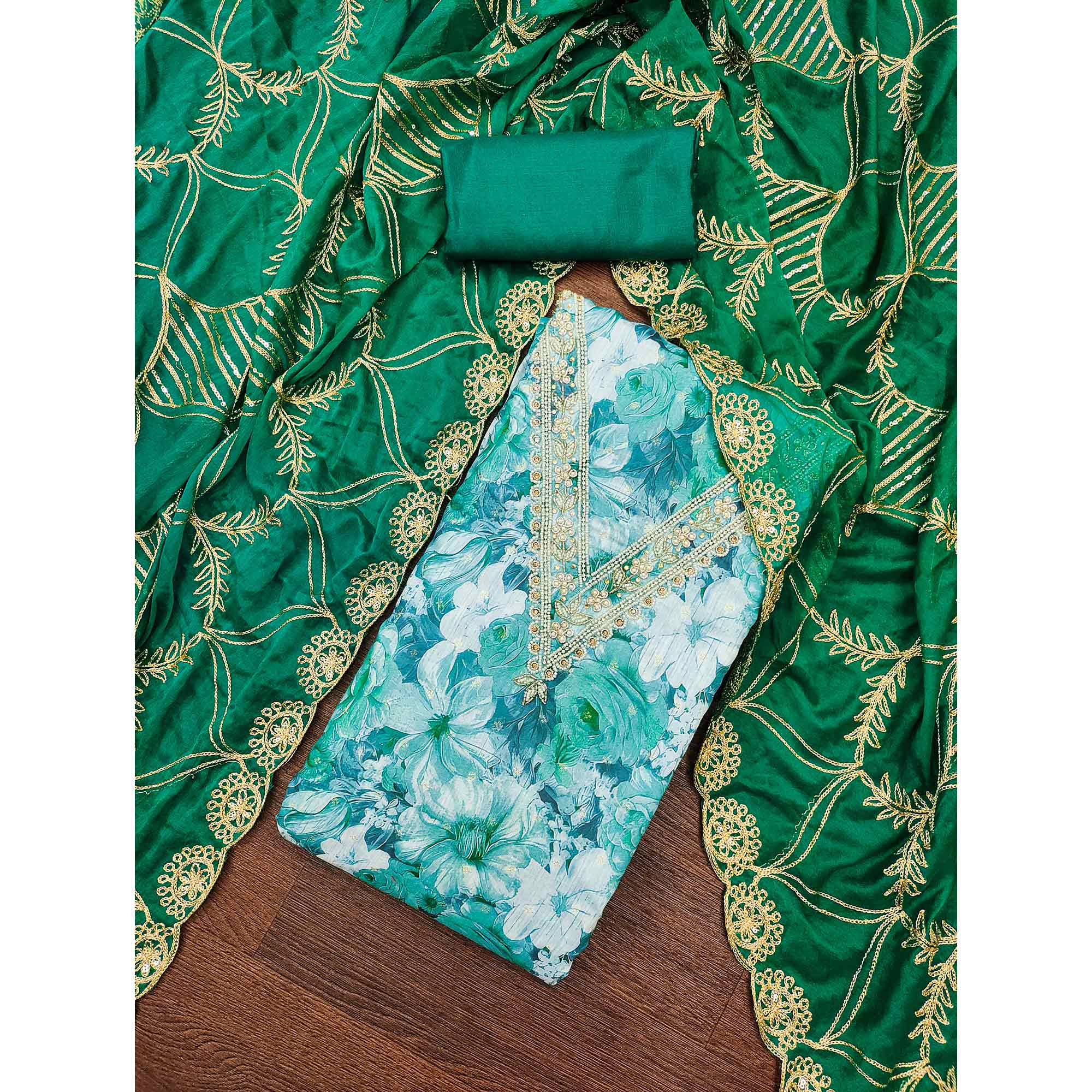 Green Digital Printed With Handwork Viscose Banarasi Dress Material