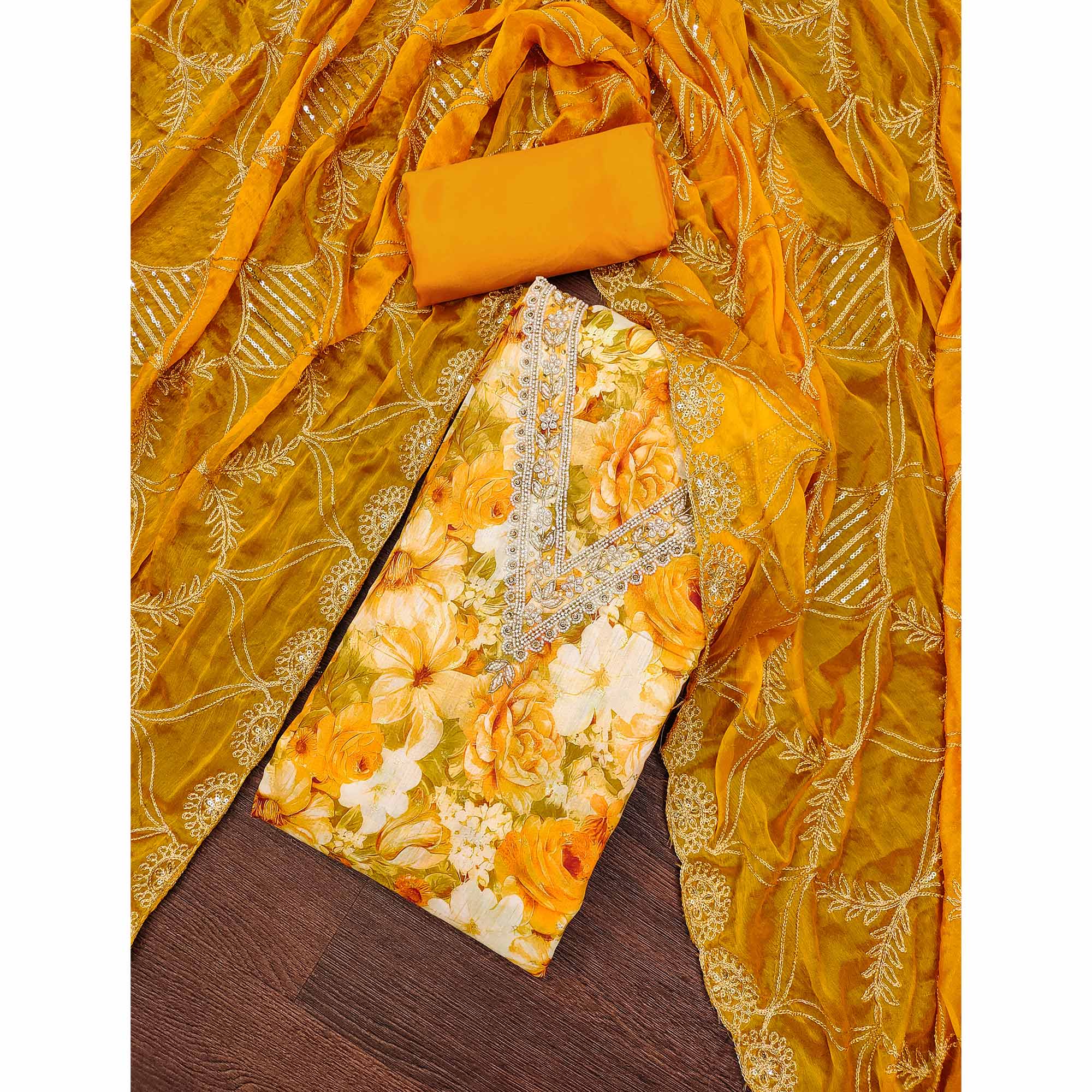 Mustard Digital Printed With Handwork Viscose Banarasi Dress Material