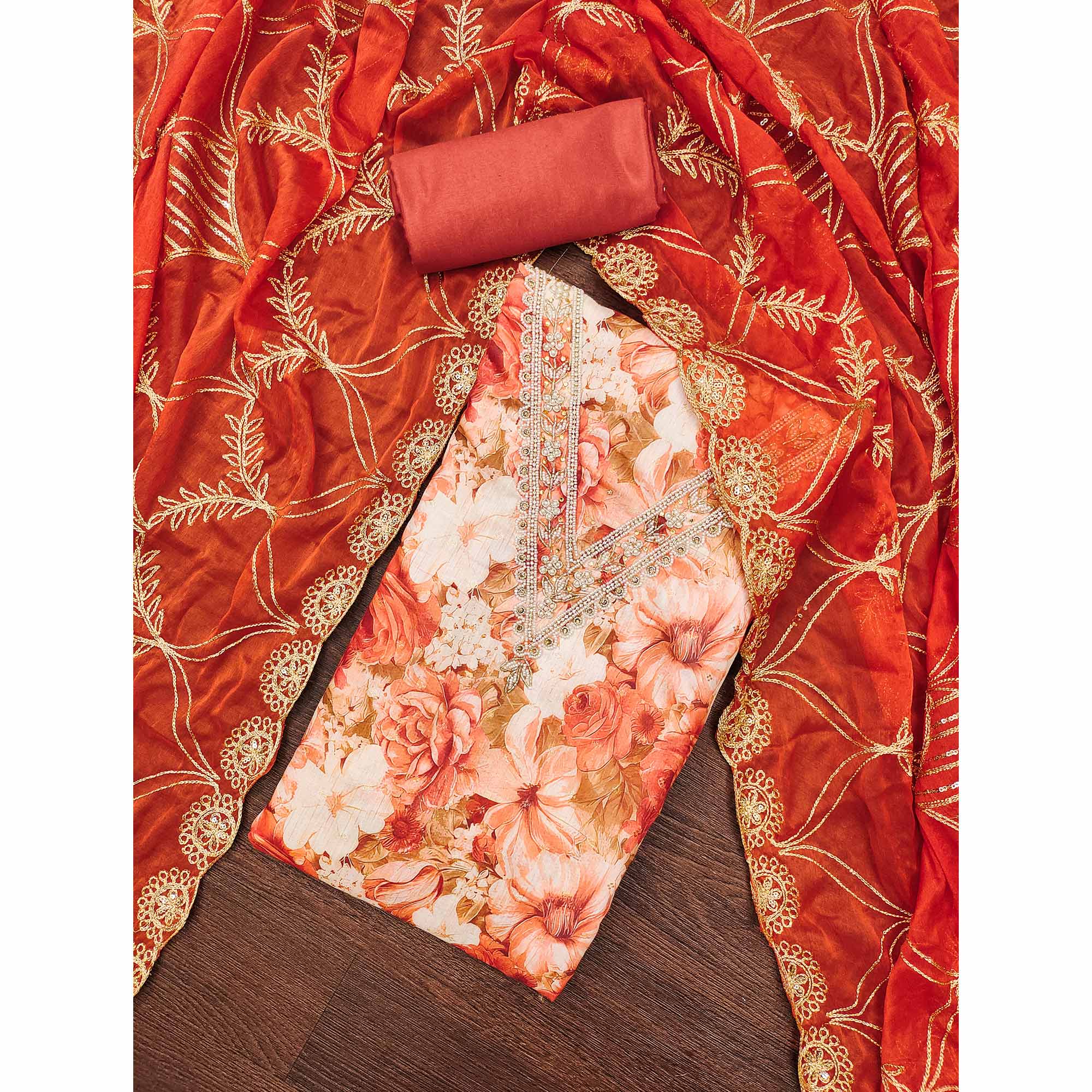 Orange Digital Printed With Handwork Viscose Banarasi Dress Material