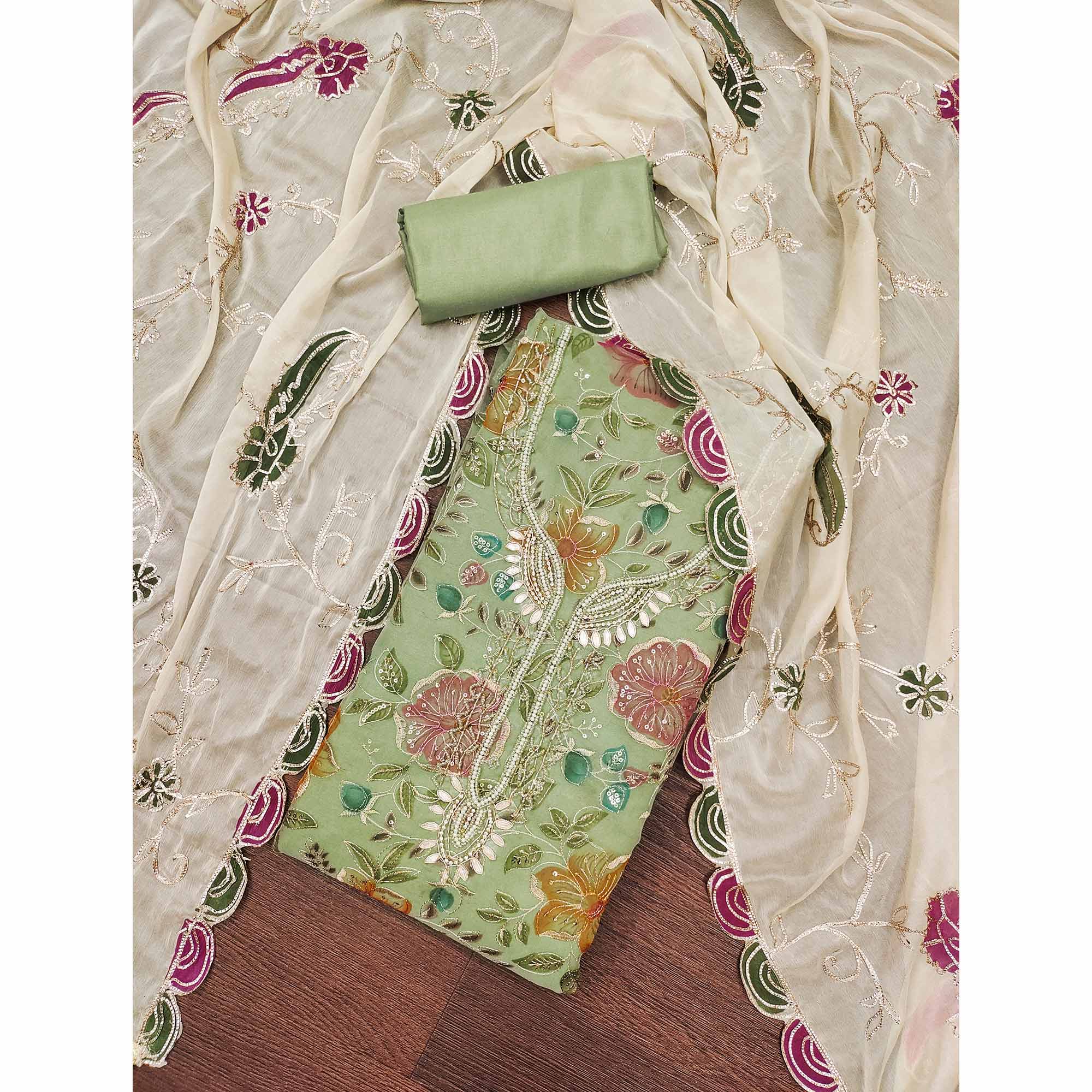 Green Sequins Embroidery With Handwork Organza Dress Material