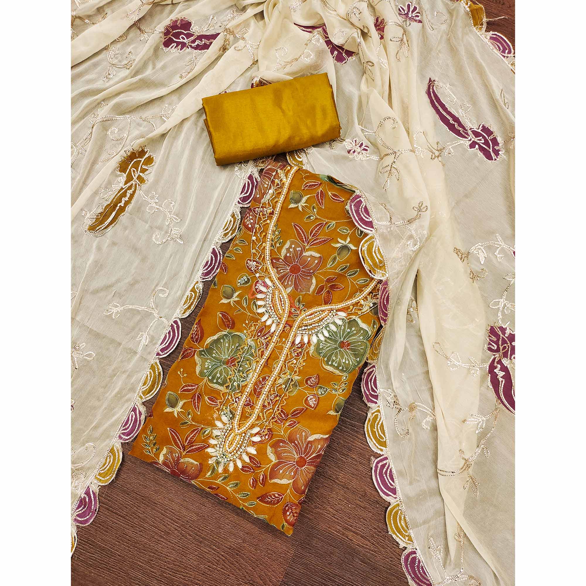 Mustard Sequins Embroidery With Handwork Organza Dress Material