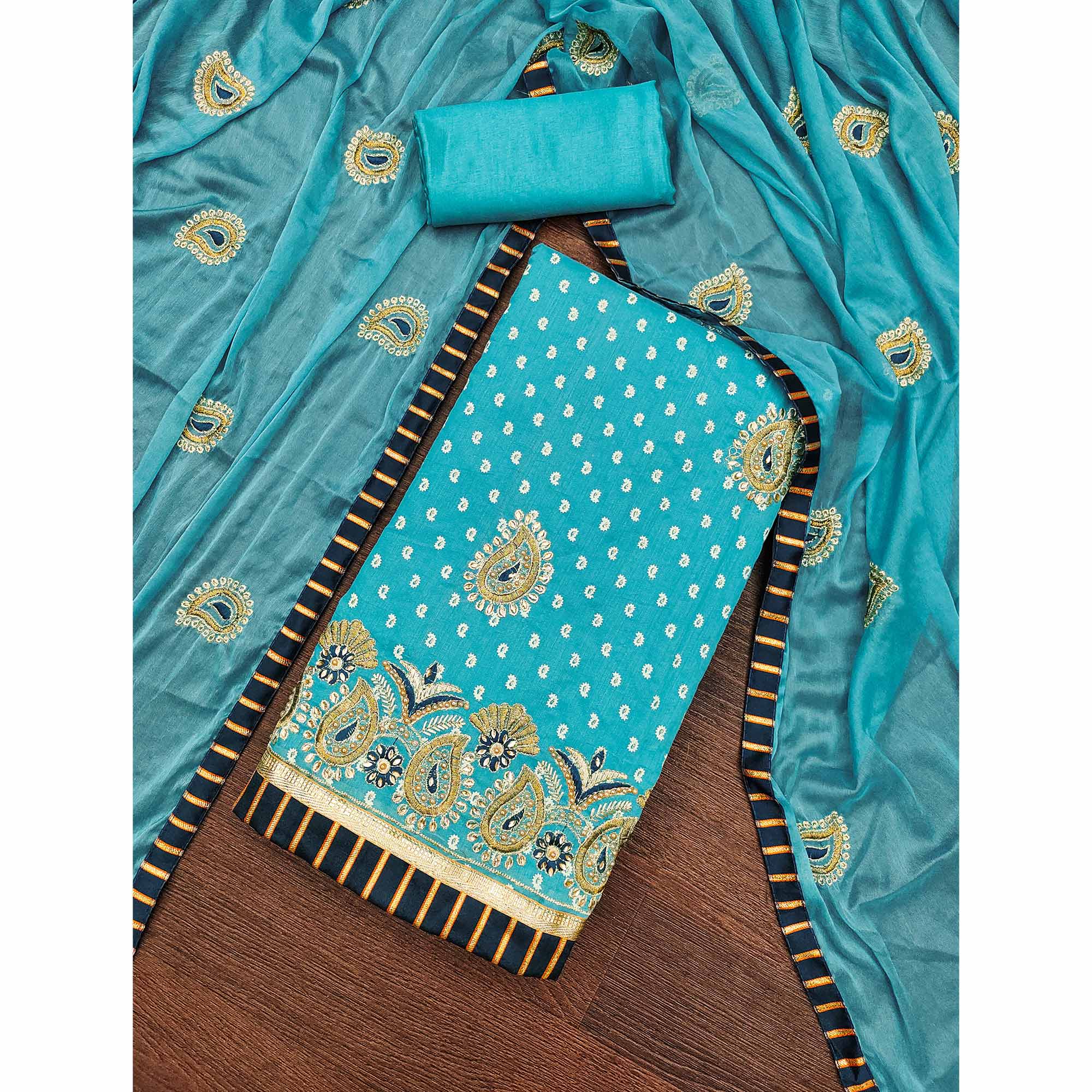 Blue Zari Embroidery With Hand Printed Modal Chanderi Silk Dress Material