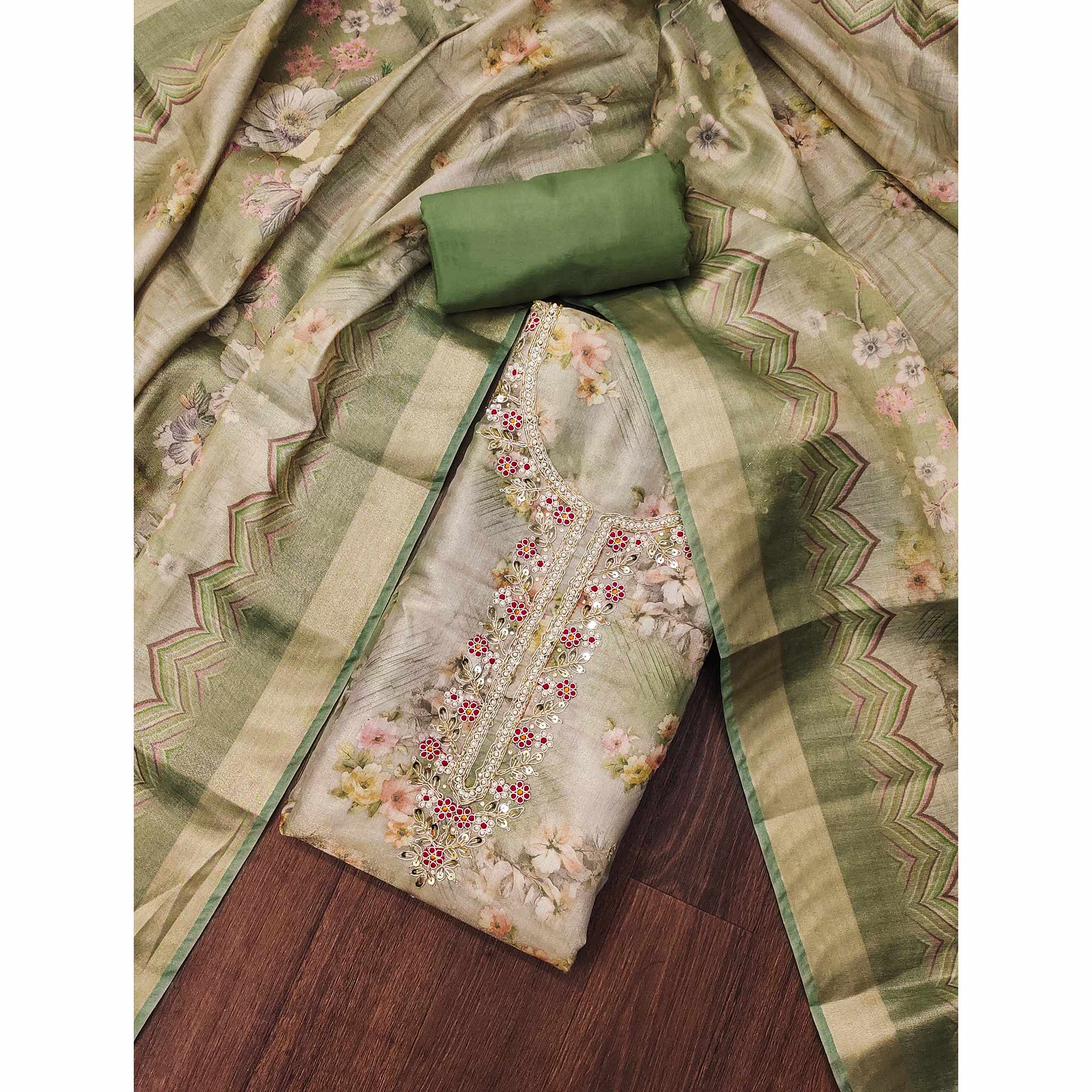 Green Floral Digital Printed With Handwork Viscose Dress Material