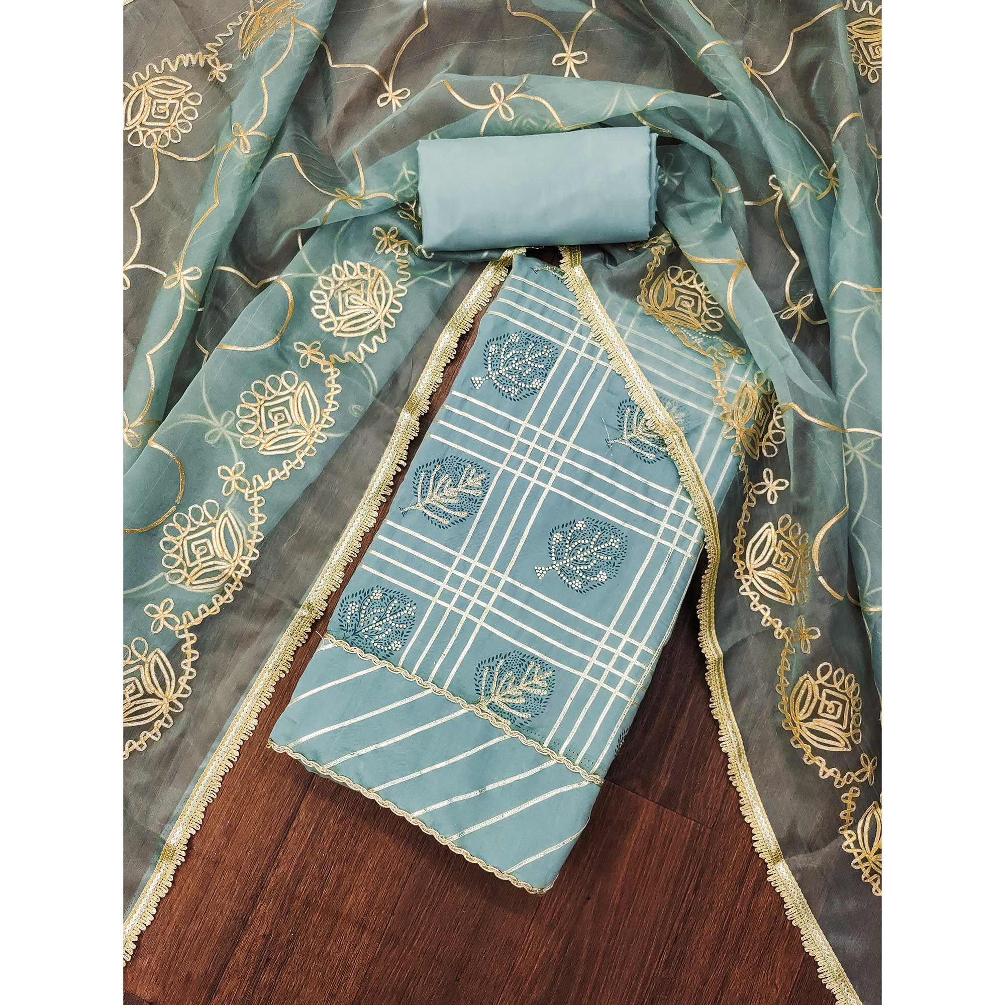 Blue Printed With Gota Patti & Stonework Roman Cotton Silk Dress Material