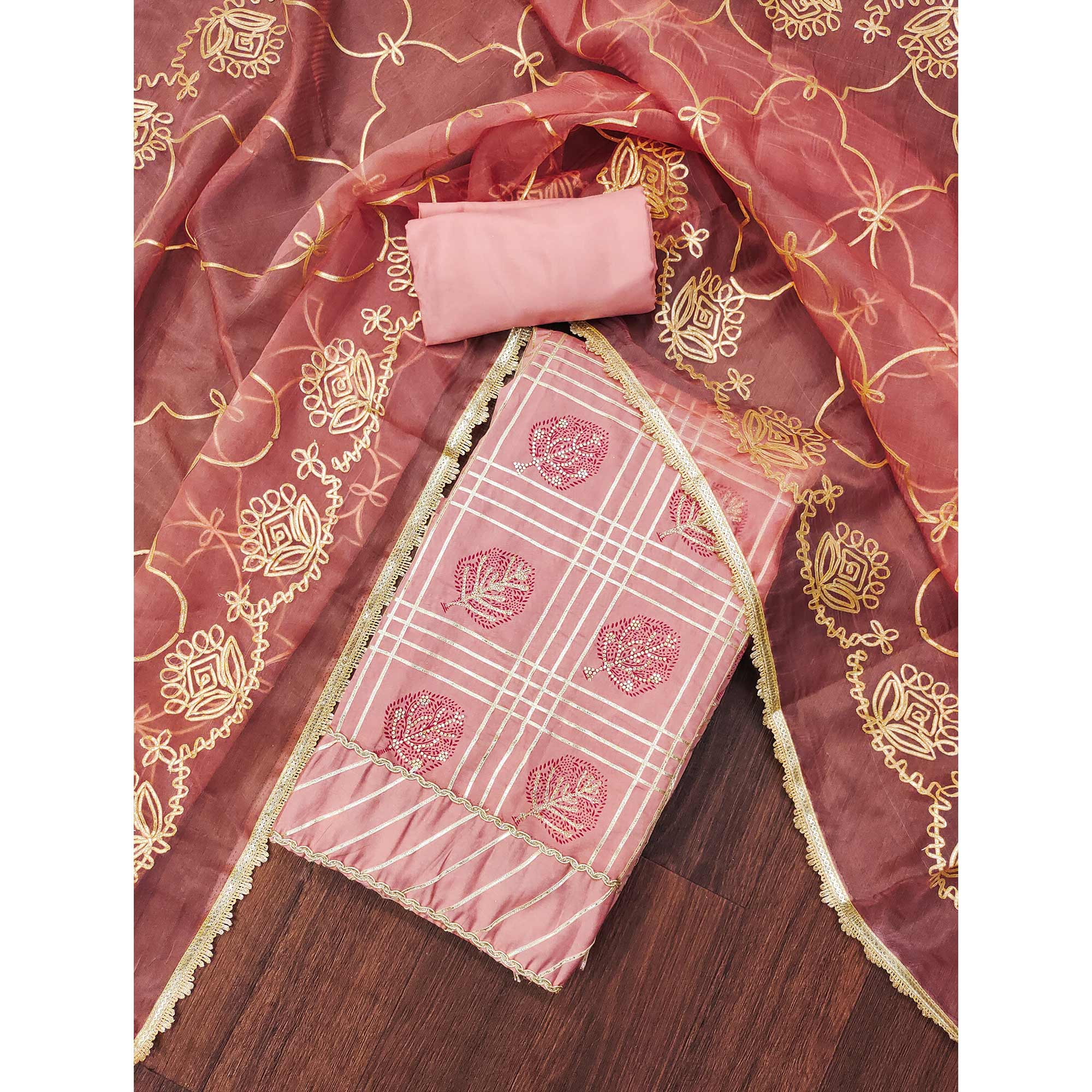 Peach Printed With Gota Patti & Stonework Roman Cotton Silk Dress Material