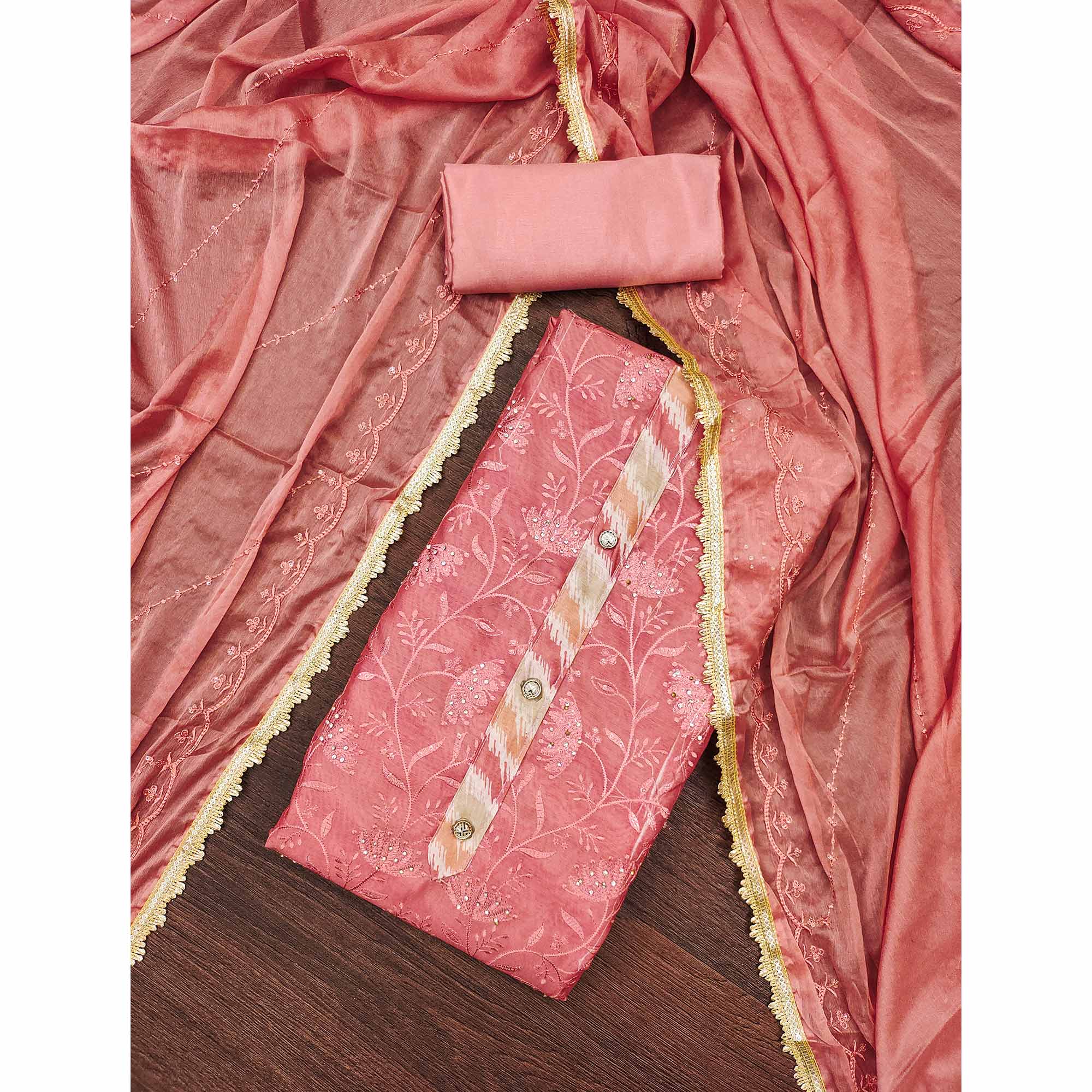 Peach Floral Embroidery With Digital Printed Chanderi Silk Dress Material