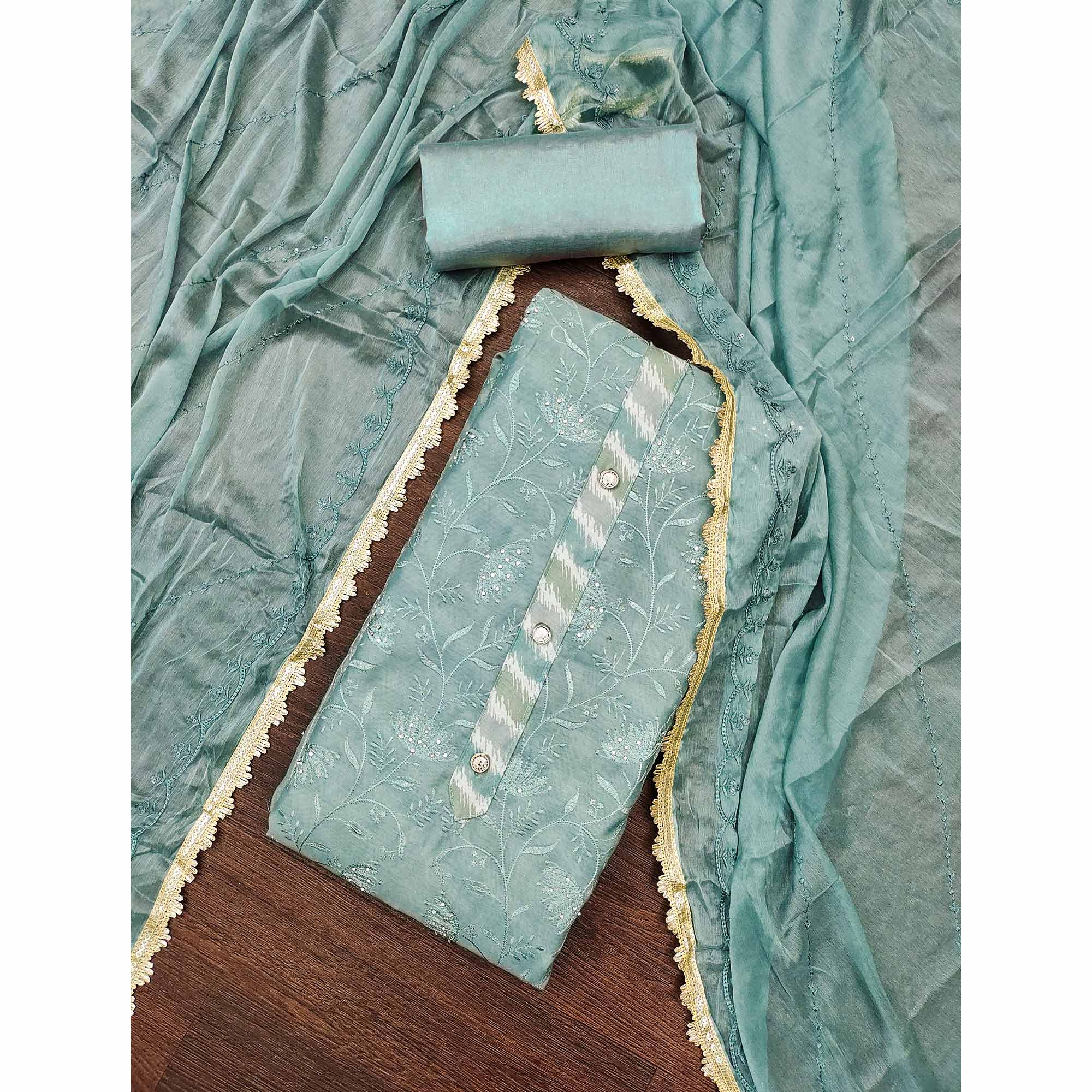 Sage Blue Floral Embroidery With Digital Printed Chanderi Silk Dress Material