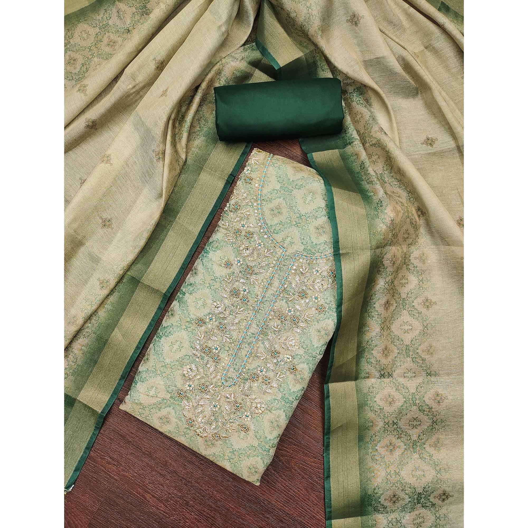 Green Digital Printed With Hand Embroidered Cotton Silk Dress Material