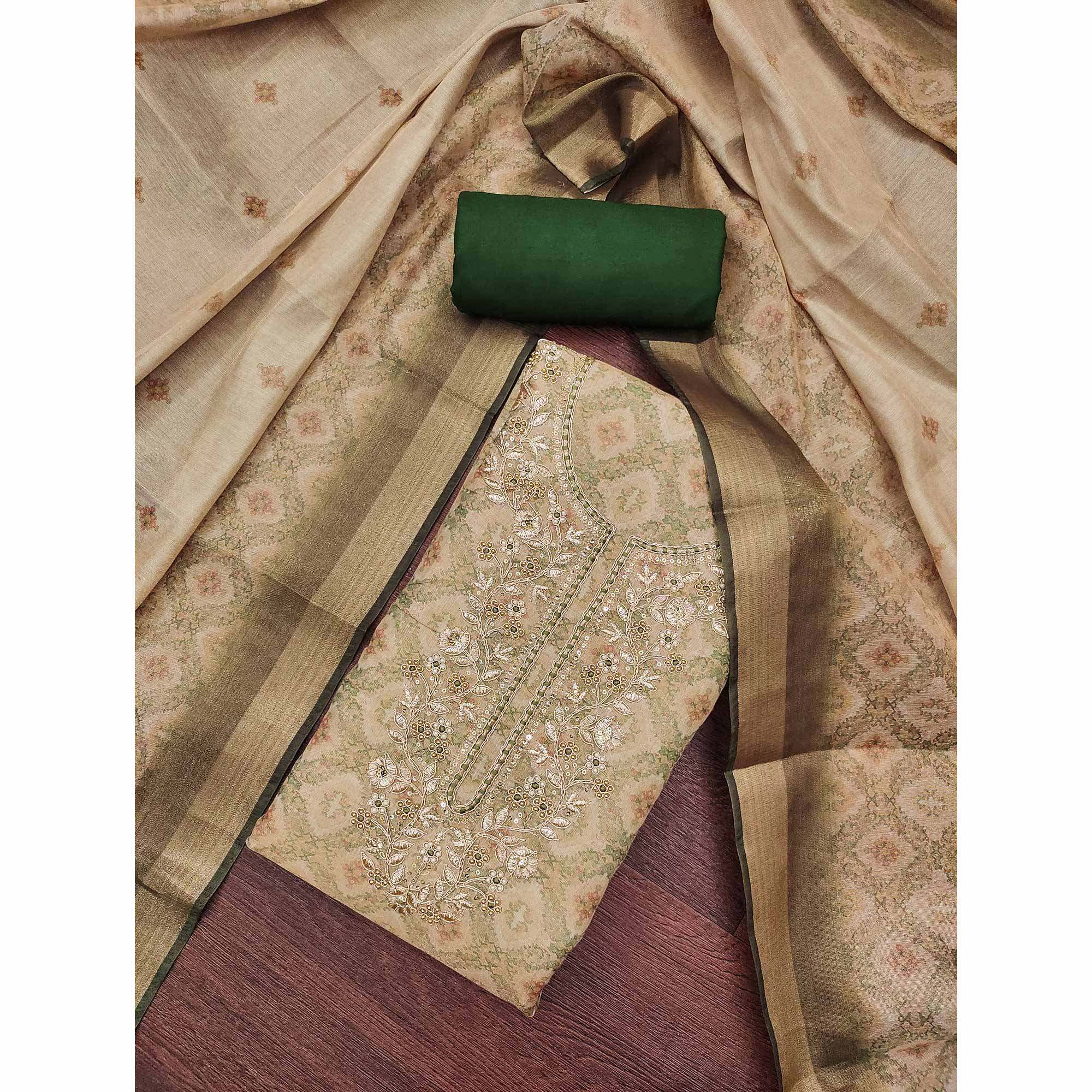 Mehendi Green Digital Printed With Hand Embroidered Cotton Silk Dress Material