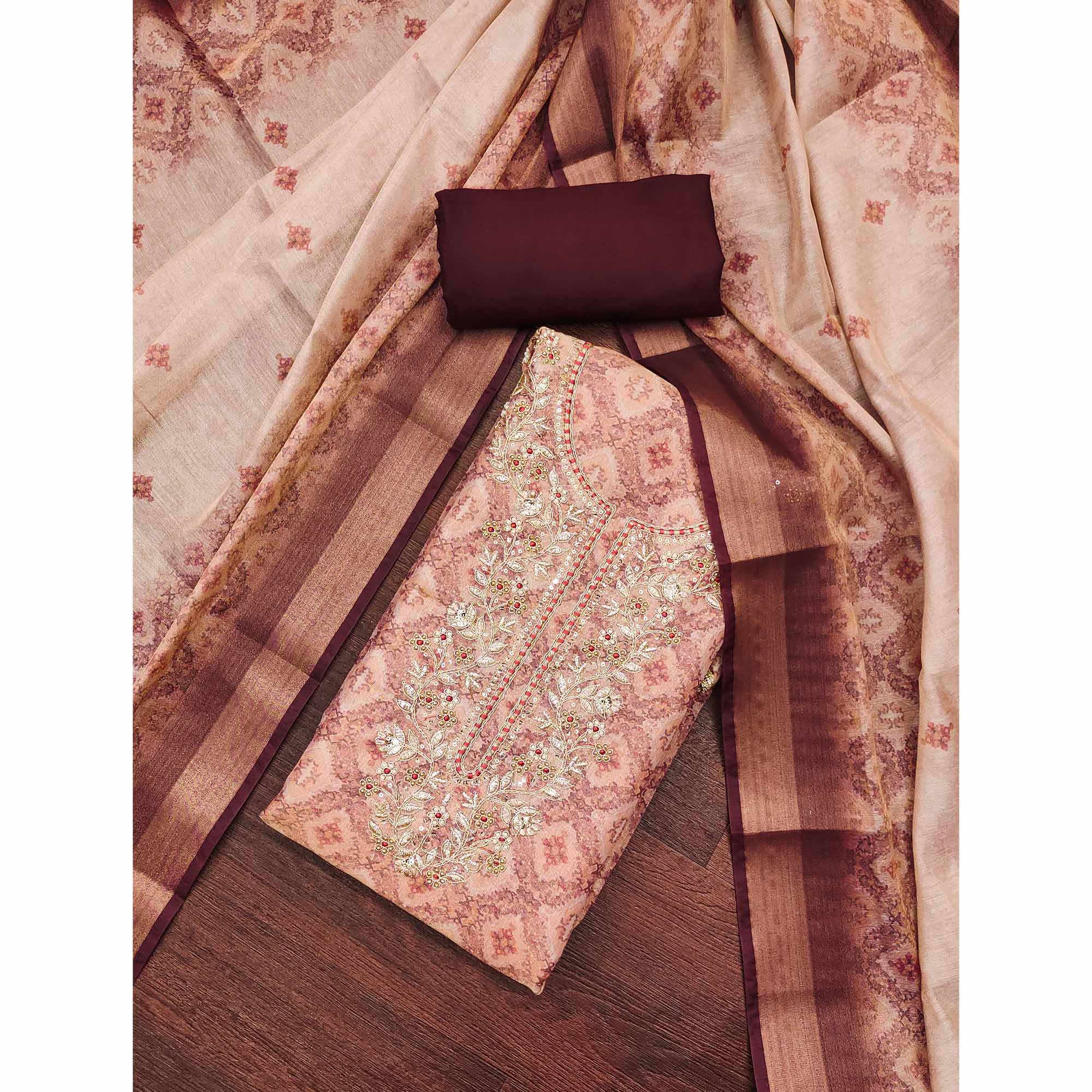 Peach Digital Printed With Hand Embroidered Cotton Silk Dress Material