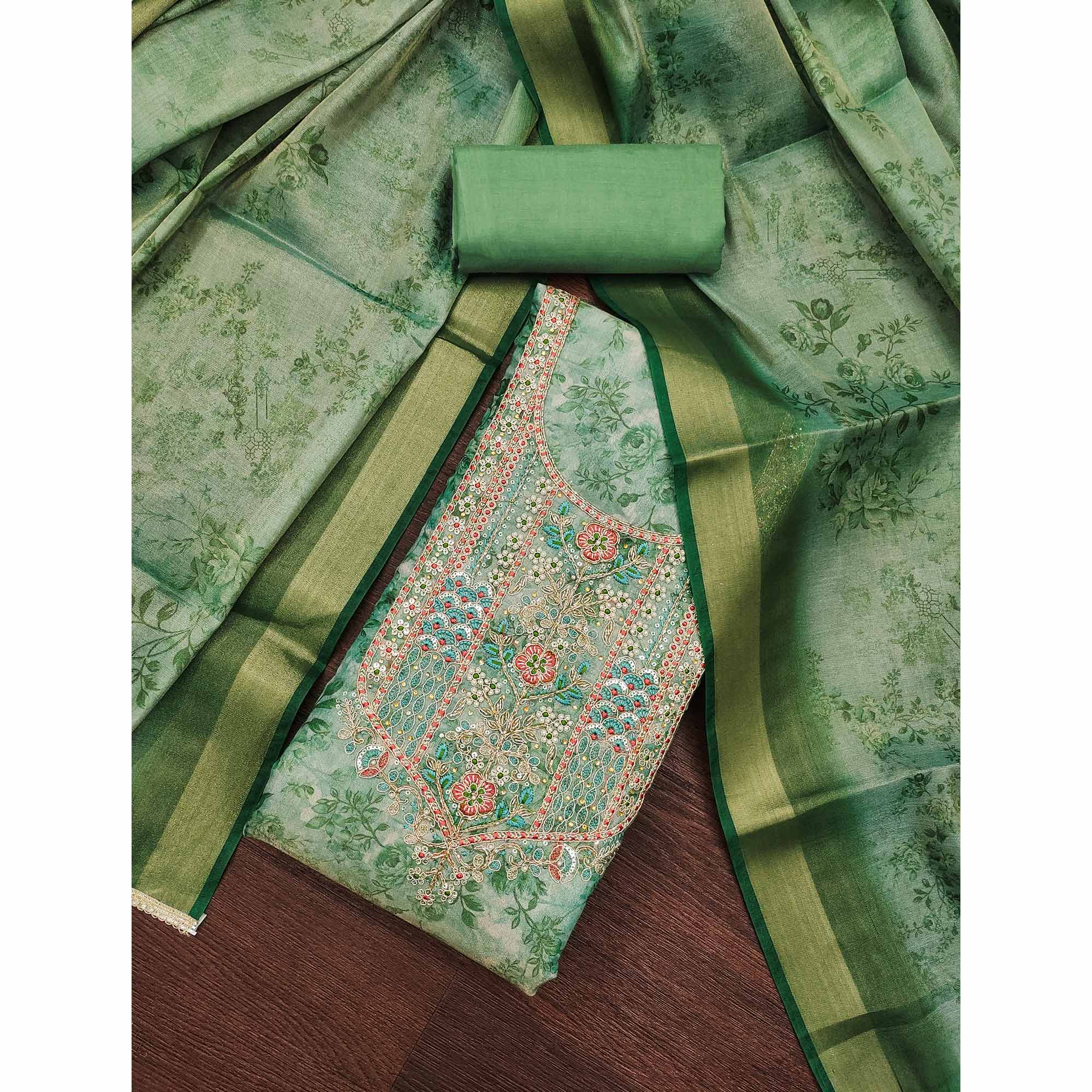 Green Floral Digital Printed With Moti Handwork Cotton Silk Dress Material