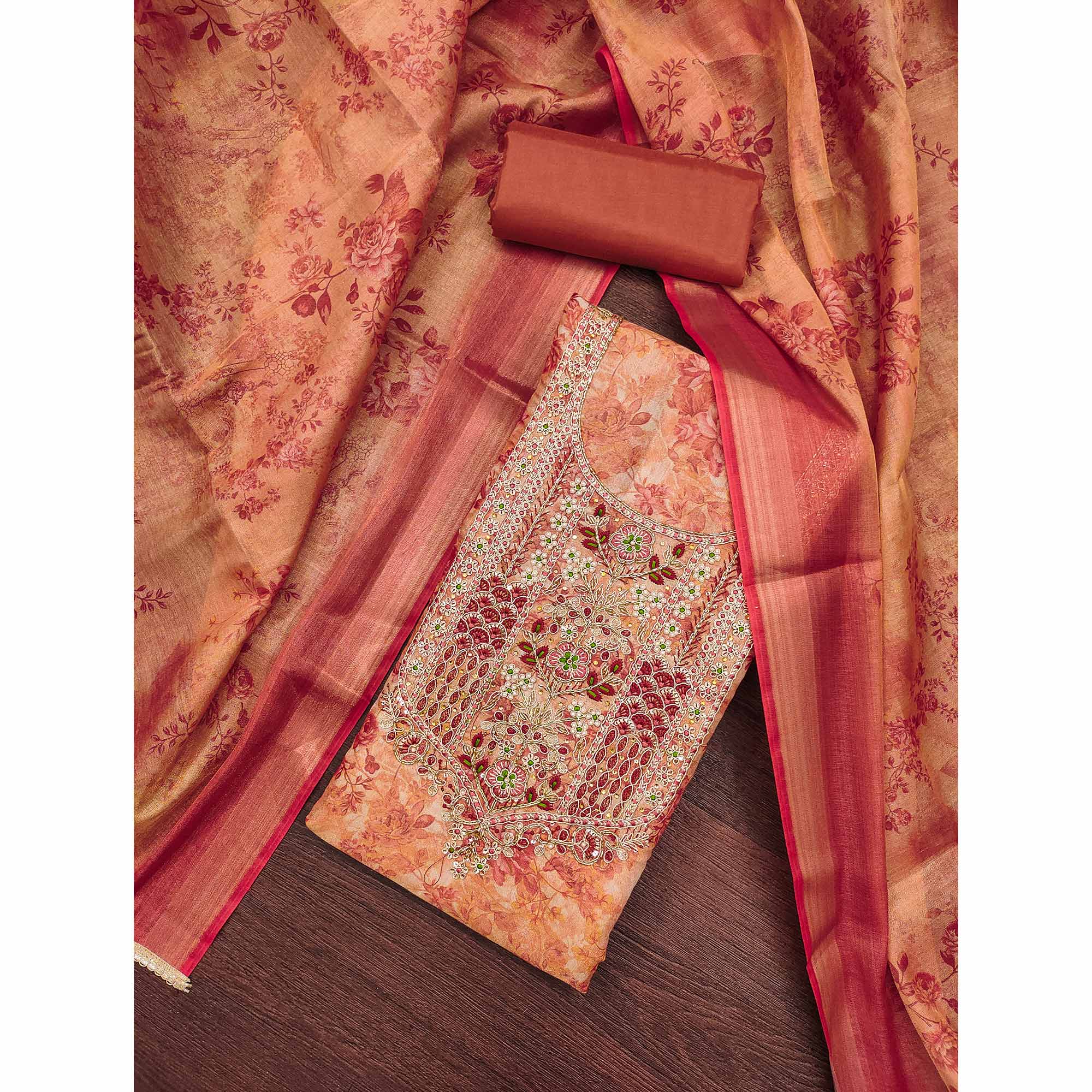 Rust Floral Digital Printed With Moti Handwork Cotton Silk Dress Material