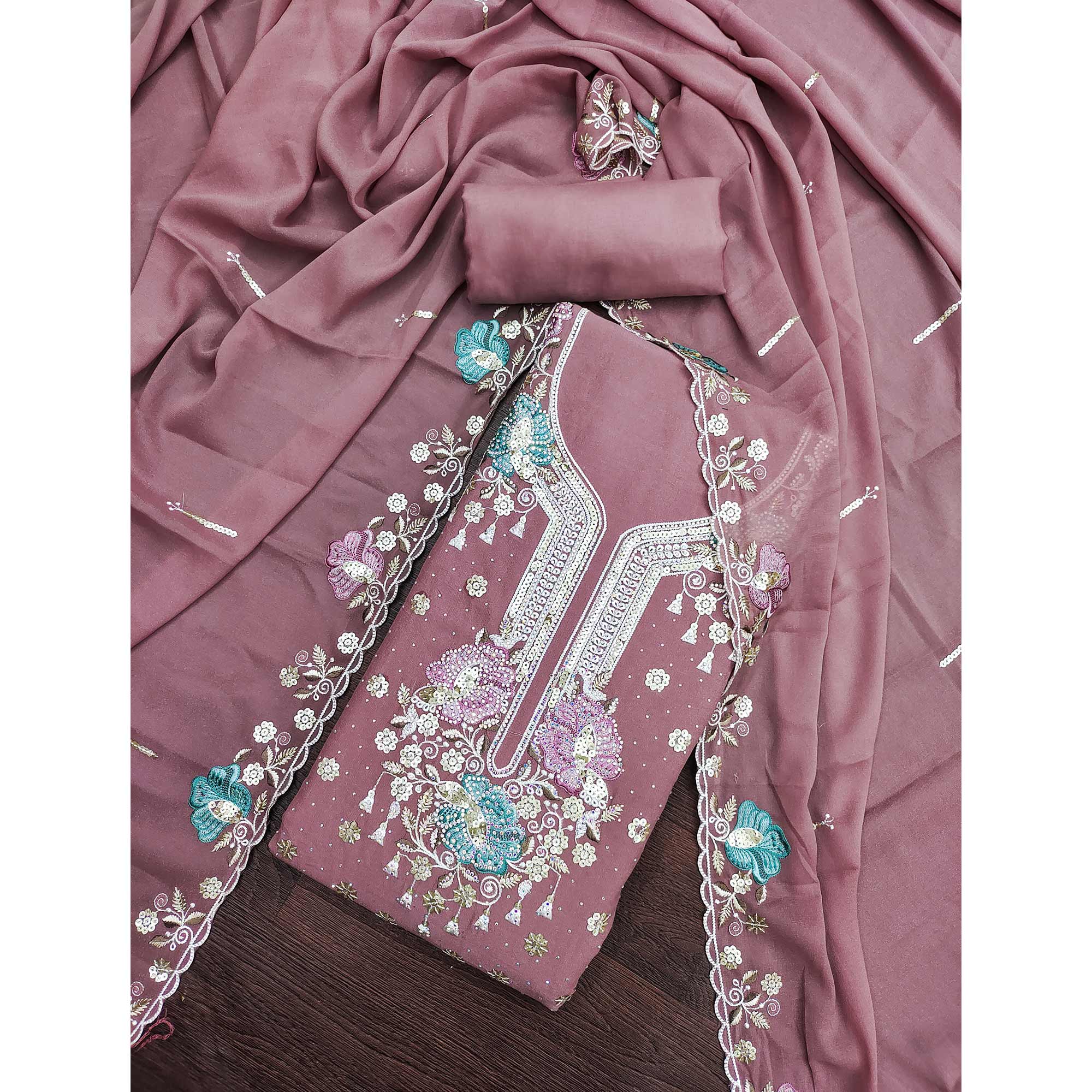 Dusty Pink Floral Sequins Embroidery With Stonework Dress Material In Viscose
