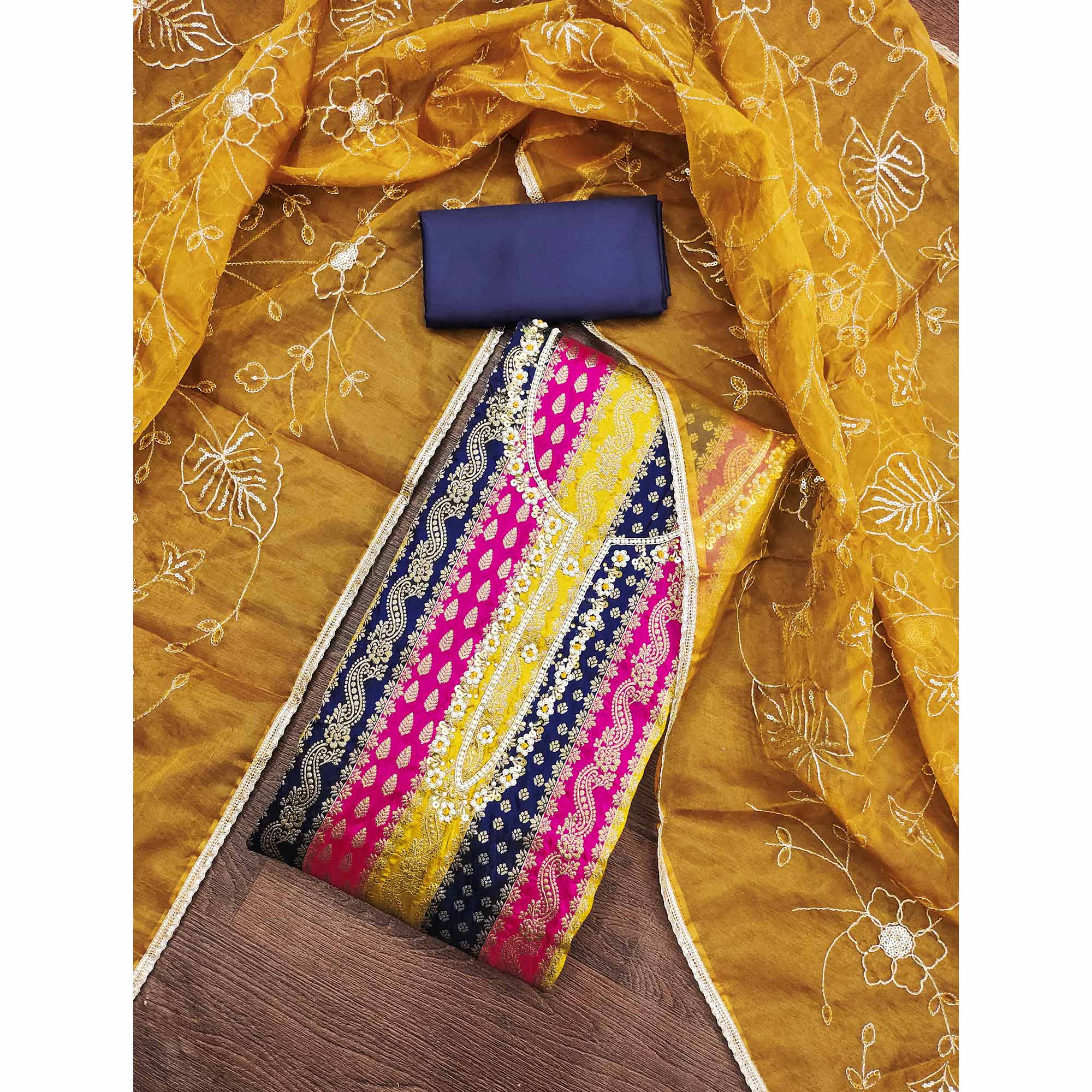 Navy Blue Banarasi Silk Jacquard Dress Material With Floral Woven Handwork Detailing