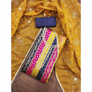 Navy Blue Banarasi Silk Jacquard Dress Material With Floral Woven Handwork Detailing