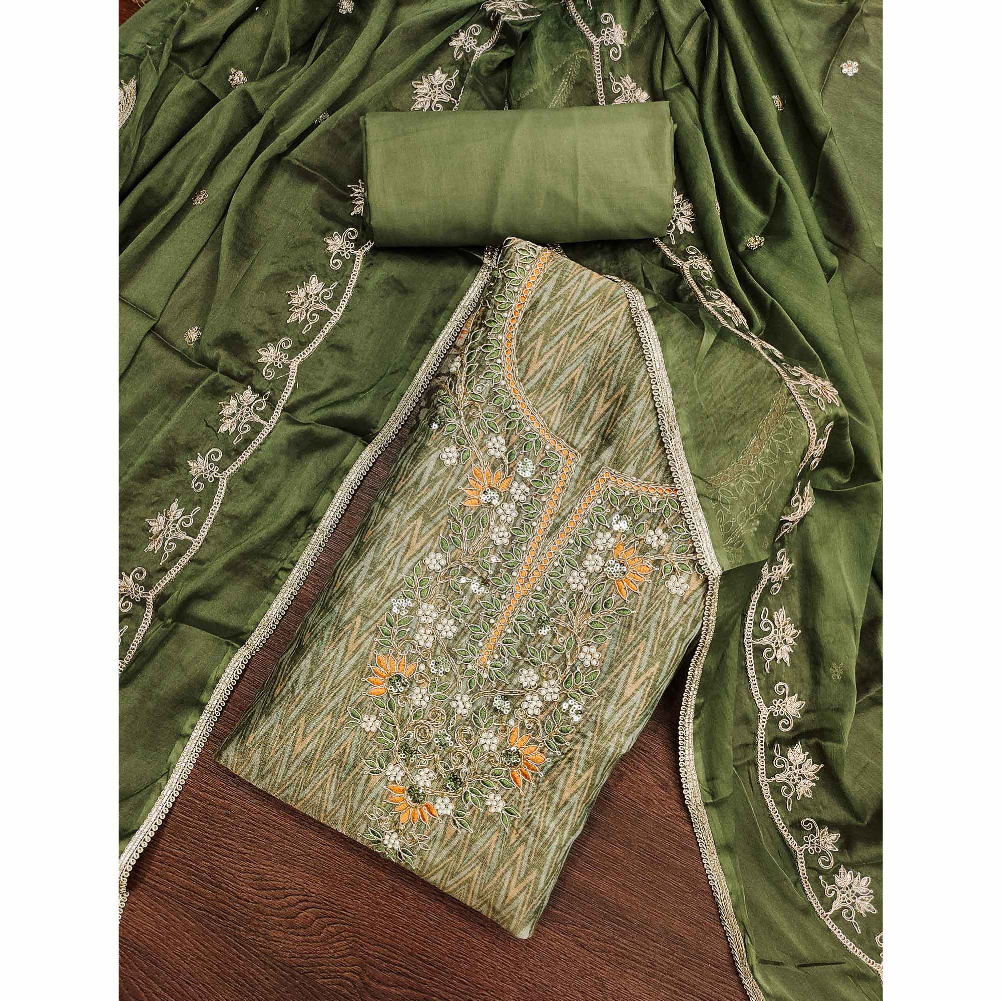 Festive Ready Green Dress Material in Cotton Silk with Exquisite Hand Embroidery