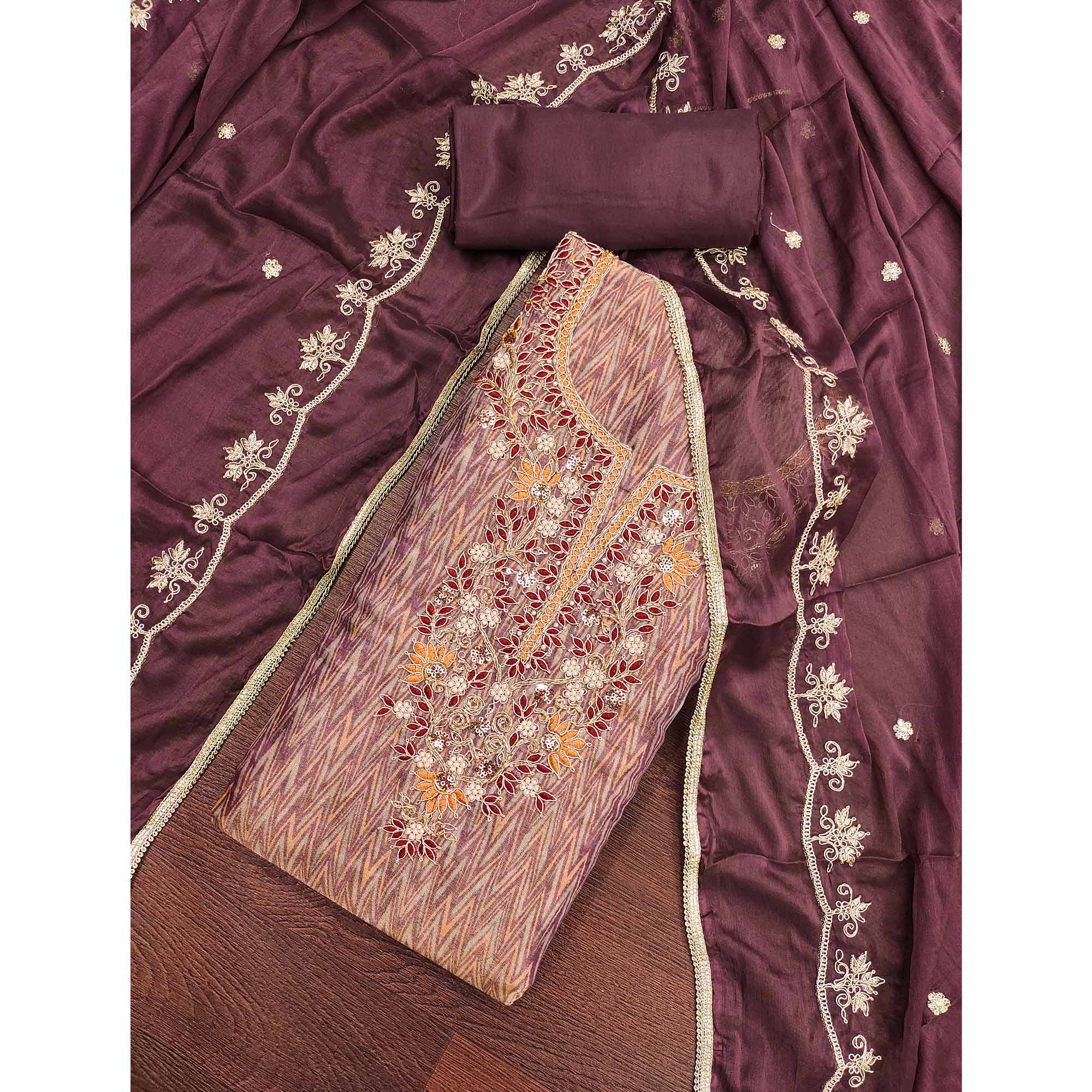 Festive Ready Wine Dress Material in Cotton Silk with Exquisite Hand Embroidery