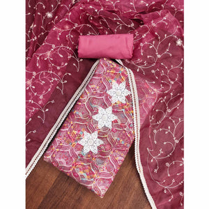 Festive Ready Pink Heavy Embroidered Dress Material in Roman Cotton Silk Fabric
