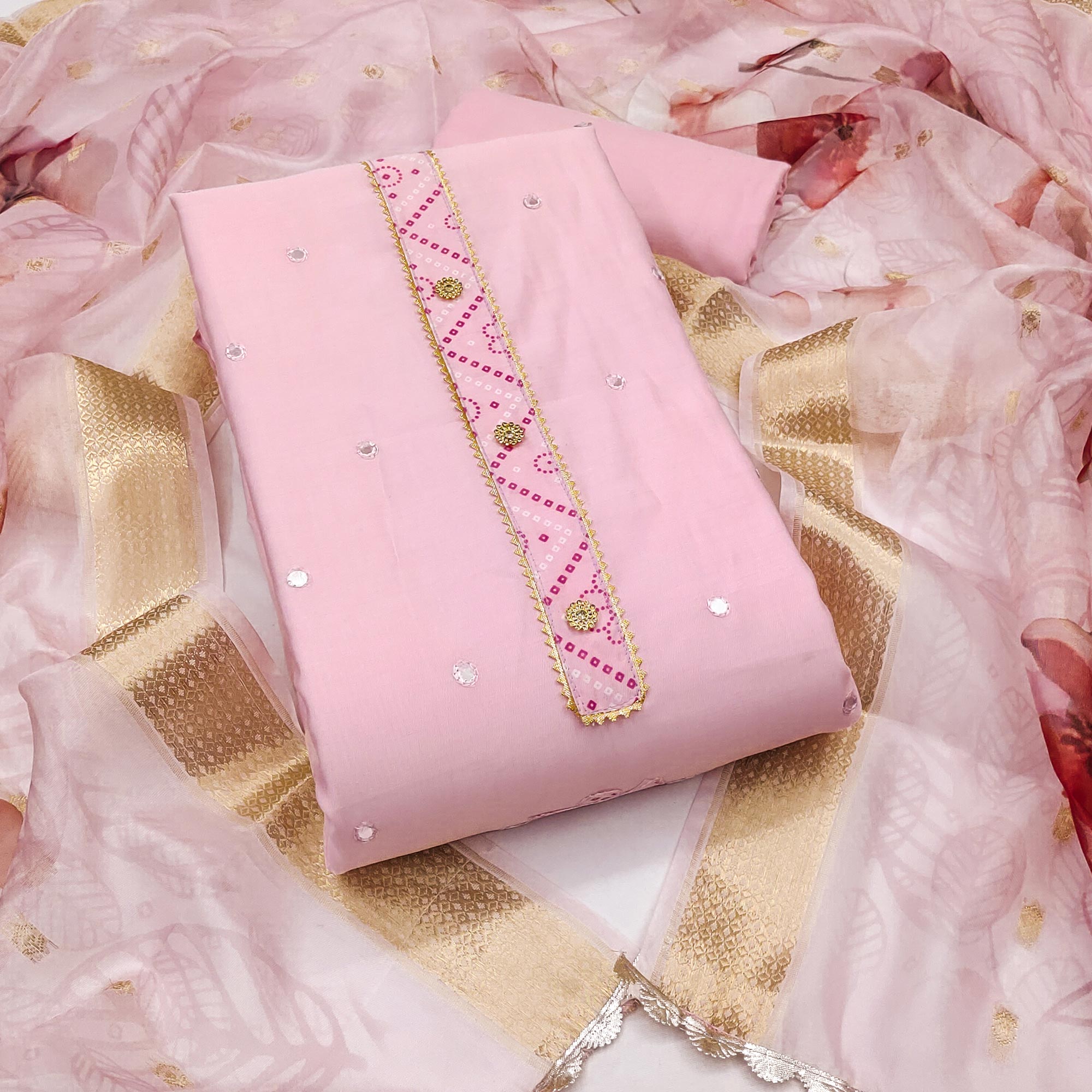 Pink Cotton Silk Dress Material With Intricate Thread Embroidery With Handwork