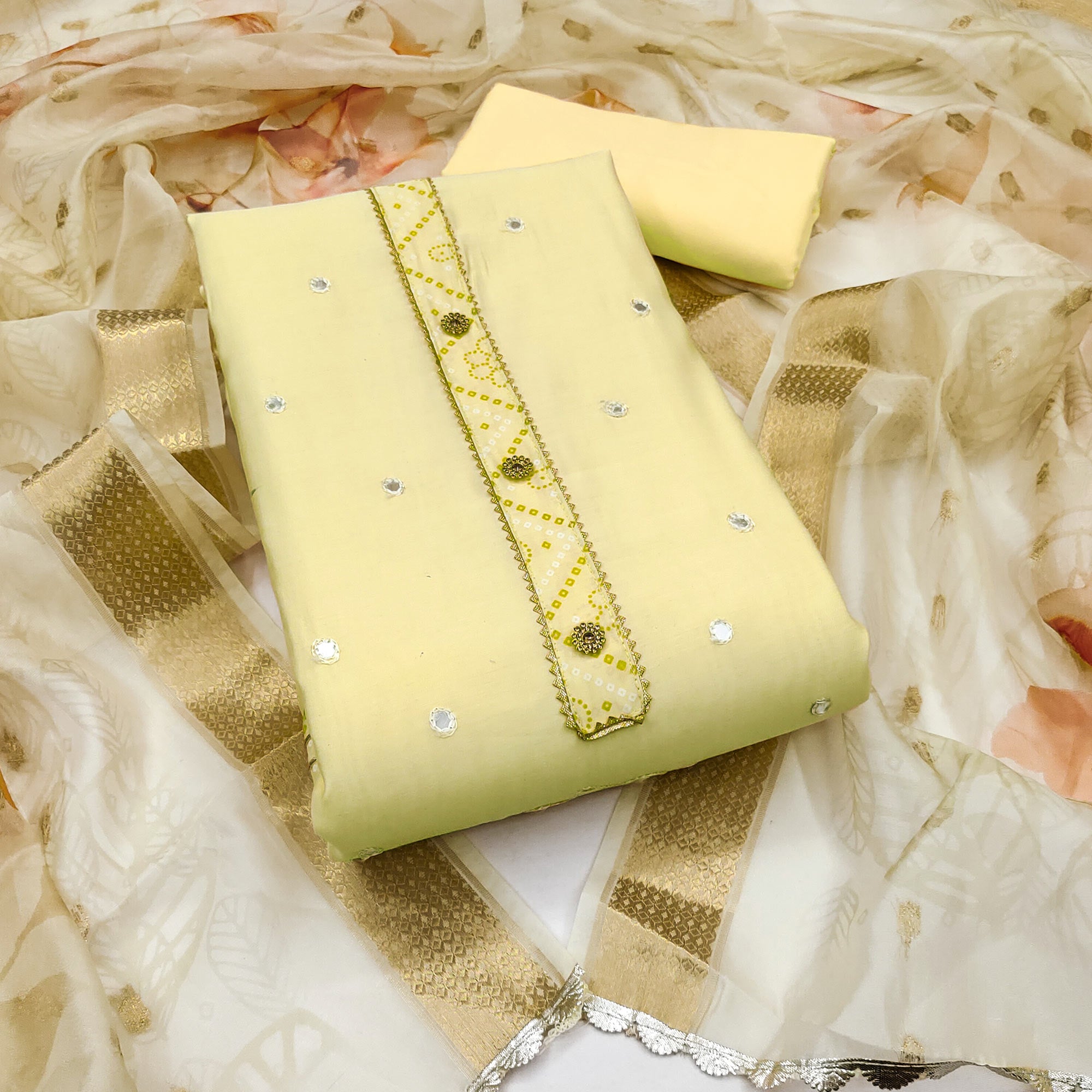 Yellow Cotton Silk Dress Material With Intricate Thread Embroidery With Handwork