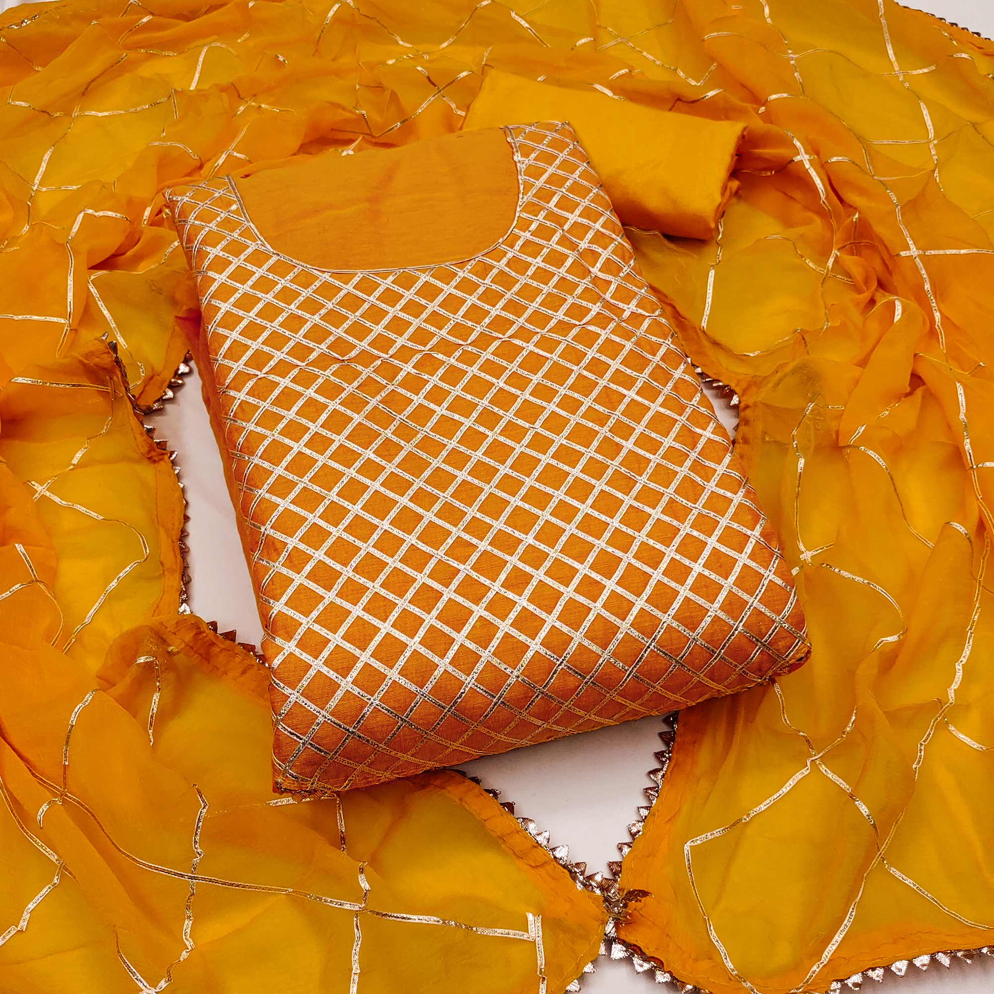 Orange Dress Material in Modal Chanderi Silk With Traditional Gota Patti Embellishments