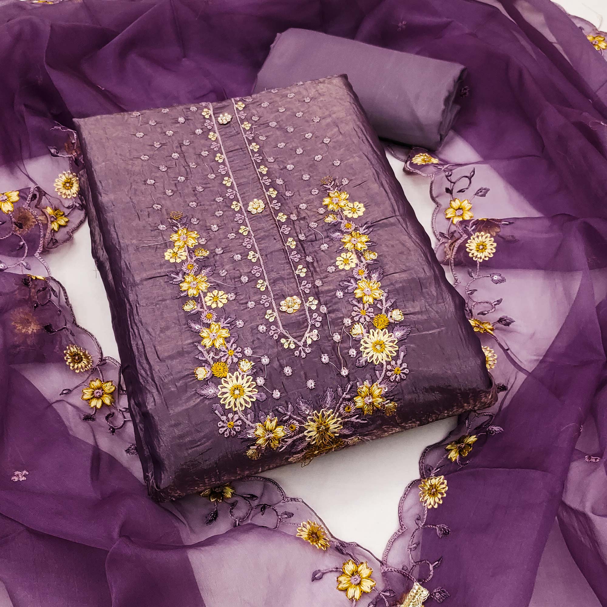 Purple Dress Material In Viscose With Intricate Floral Sequins Embroidery & Handwork