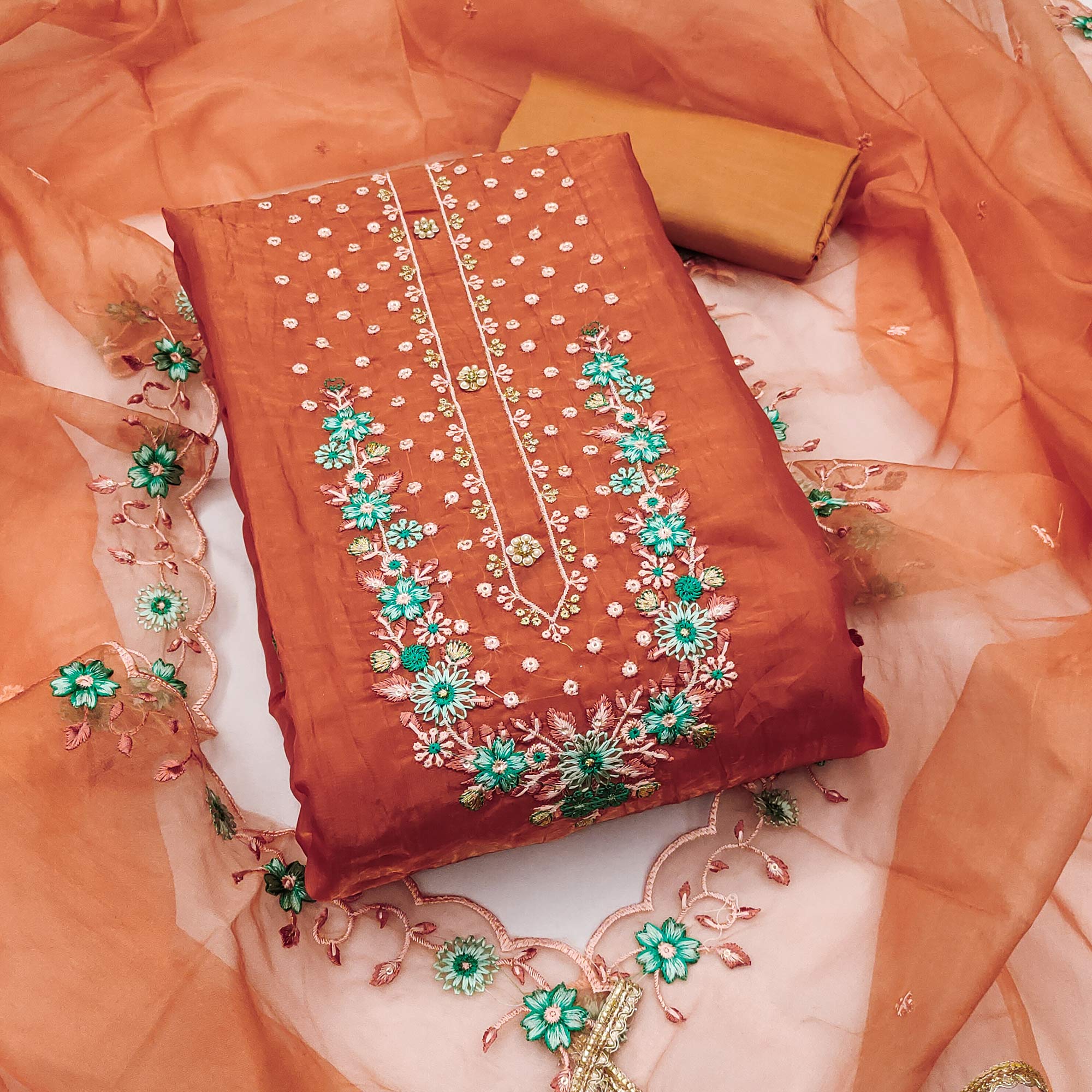 Rusty Orange Dress Material In Viscose With Intricate Floral Sequins Embroidery & Handwork