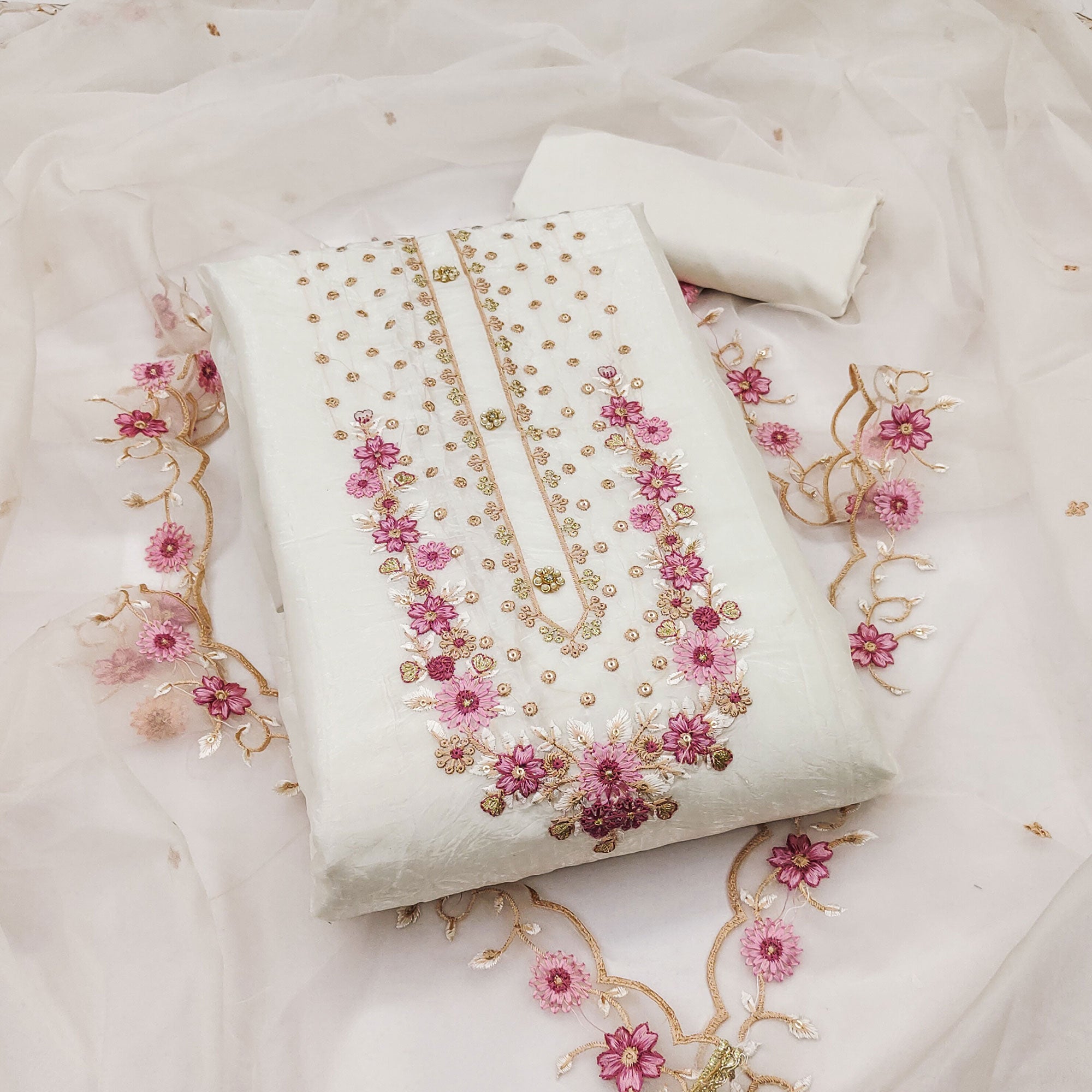 White Dress Material In Viscose With Intricate Floral Sequins Embroidery & Handwork