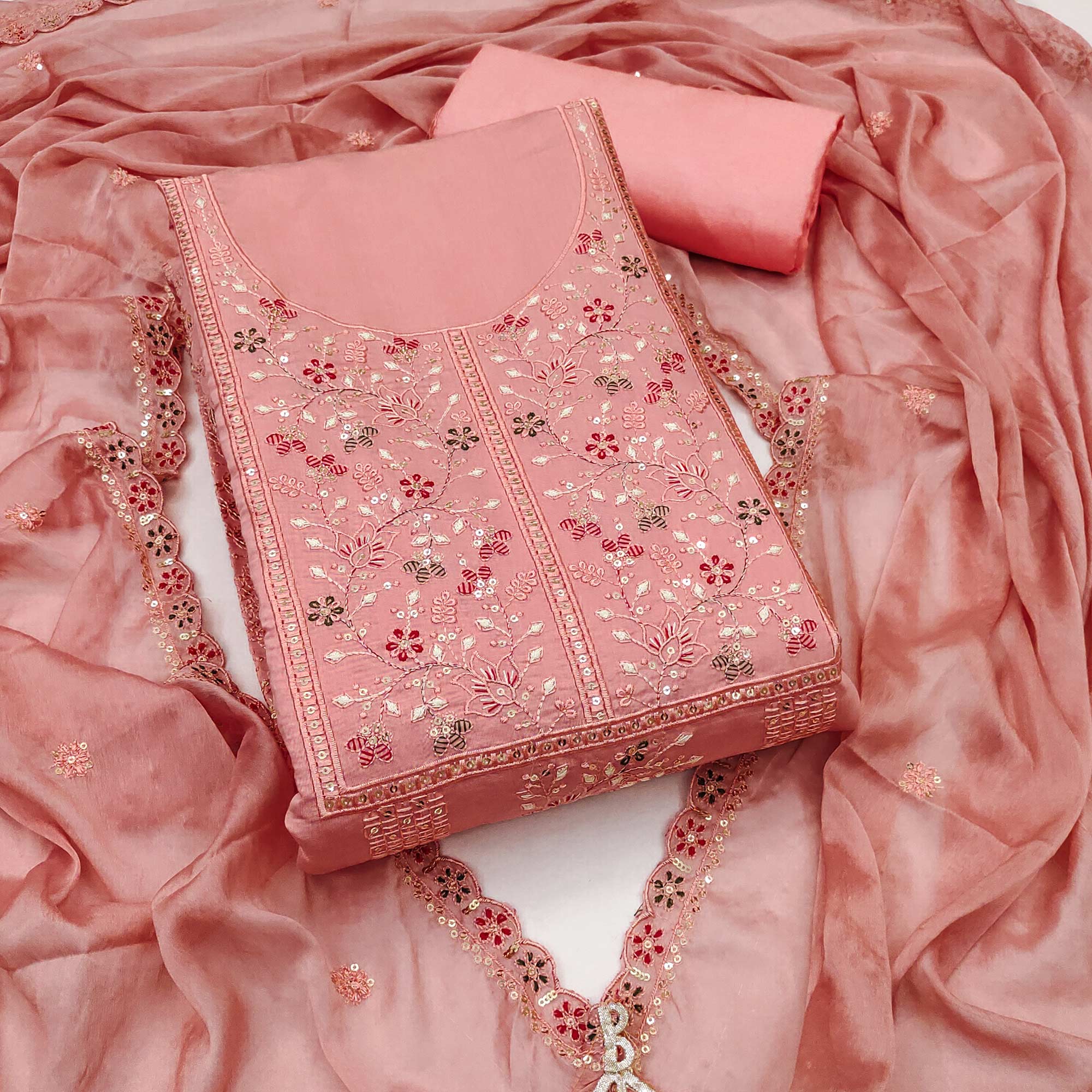 Peach Floral Embroidered Cotton Silk Dress Material With Glimmering Floral Sequins Work