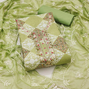 Green Floral Printed Green Pure Cotton Dress Material With Moti & Gota Patti Handwork Embellishment