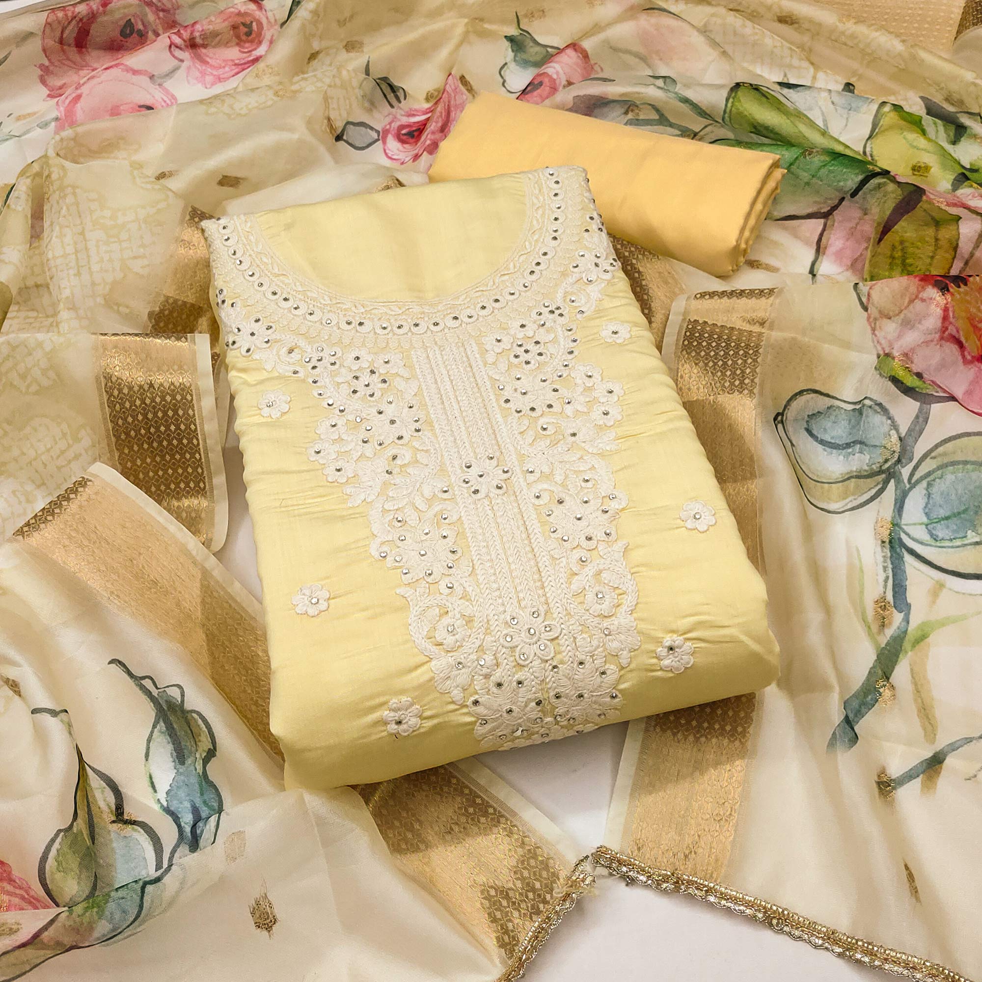 Yellow Thread Embroidered Cotton Silk Dress Material With Floral Motifs & Stone Work