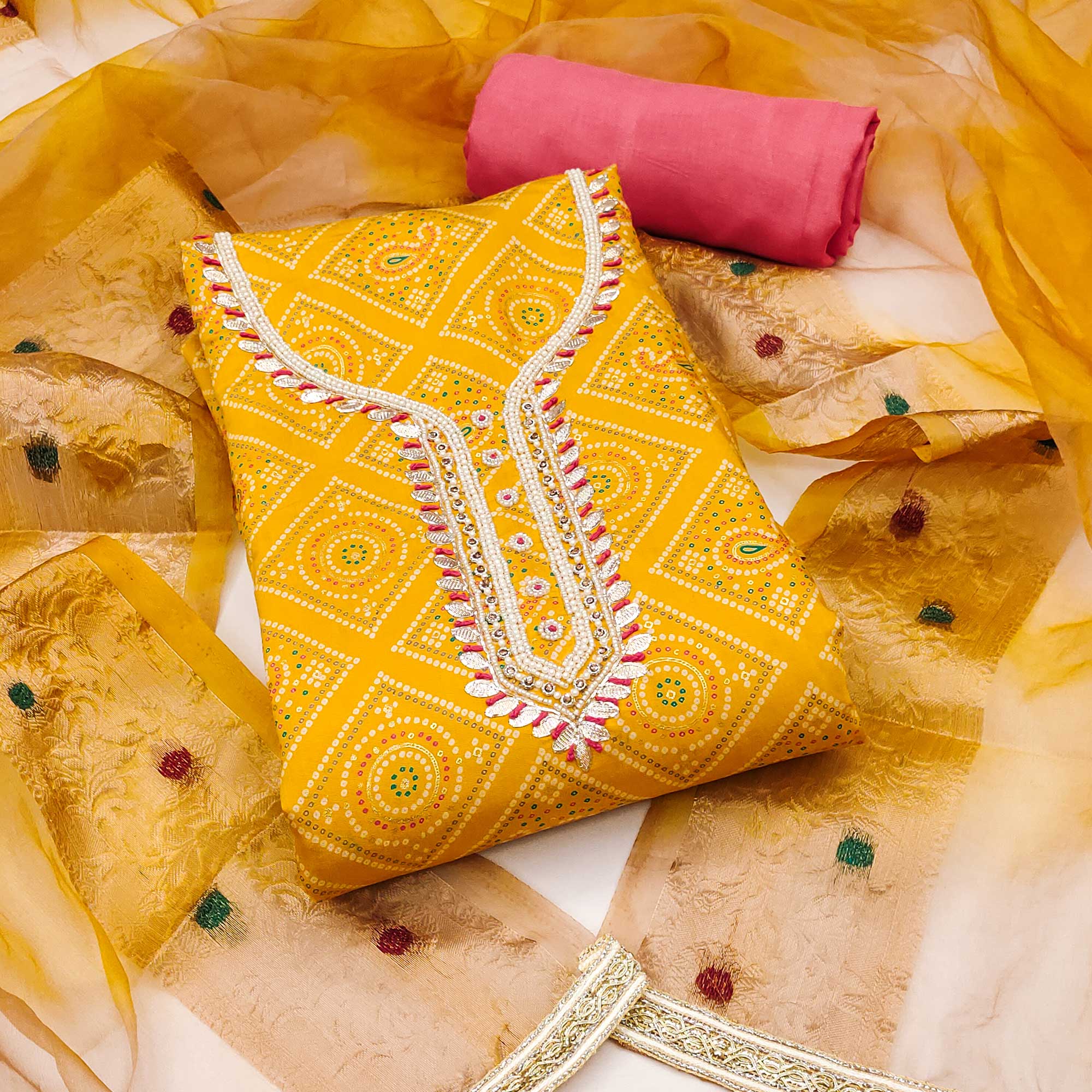 Yellow Bandhani Printed Cambric Cotton Dress Material With Intricate Moti & Gota Patti Handwork