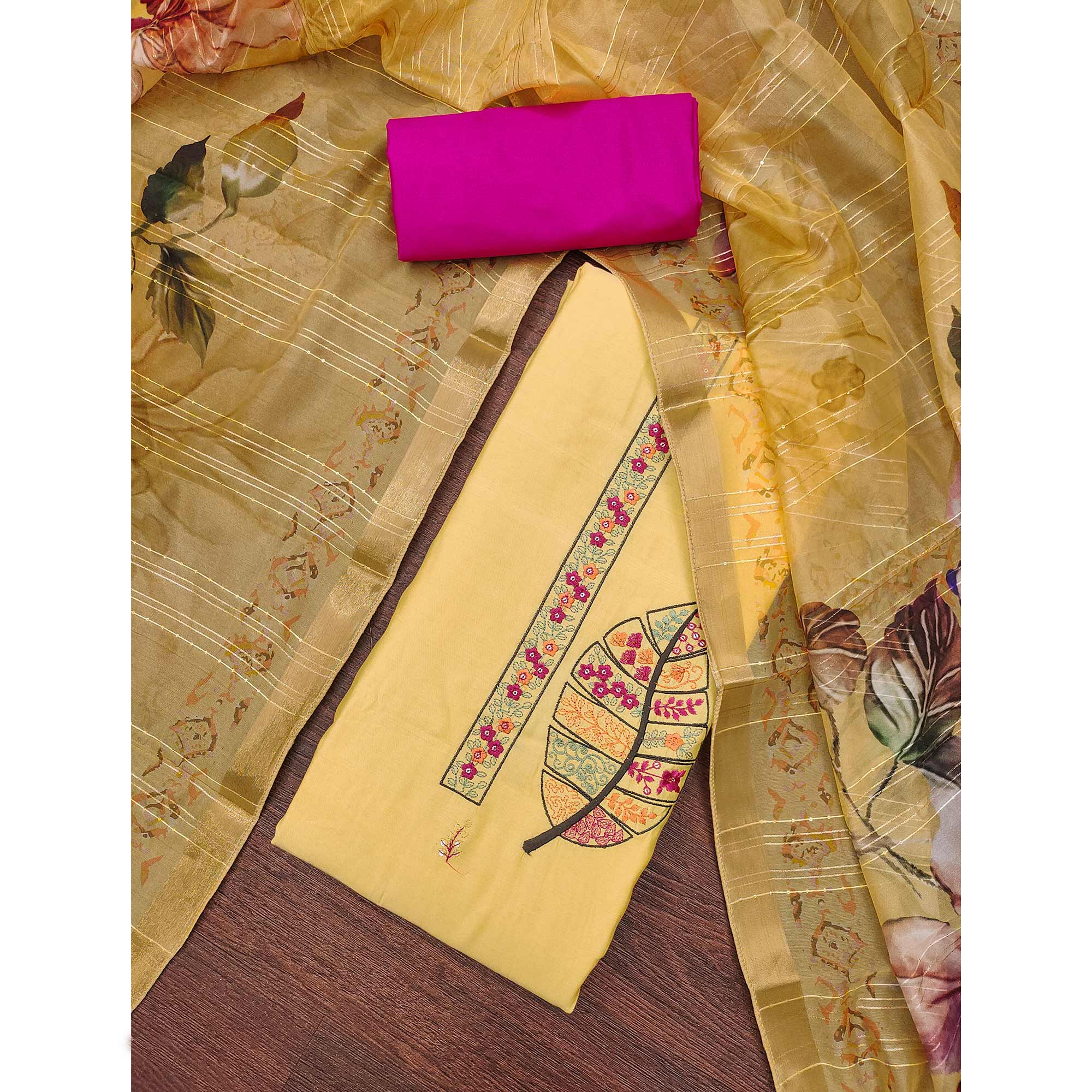 Yellow Delight Floral Sequins Embroidered Cotton Silk Dress Material