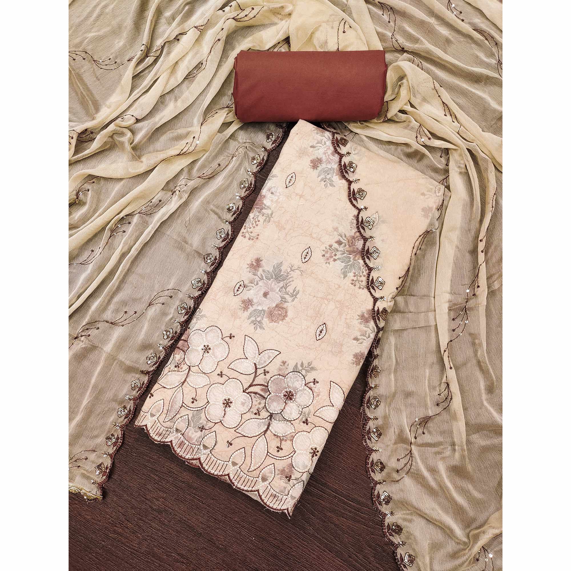 Cream Floral Cambric Cotton Dress Material With Elegant Embroidery Work