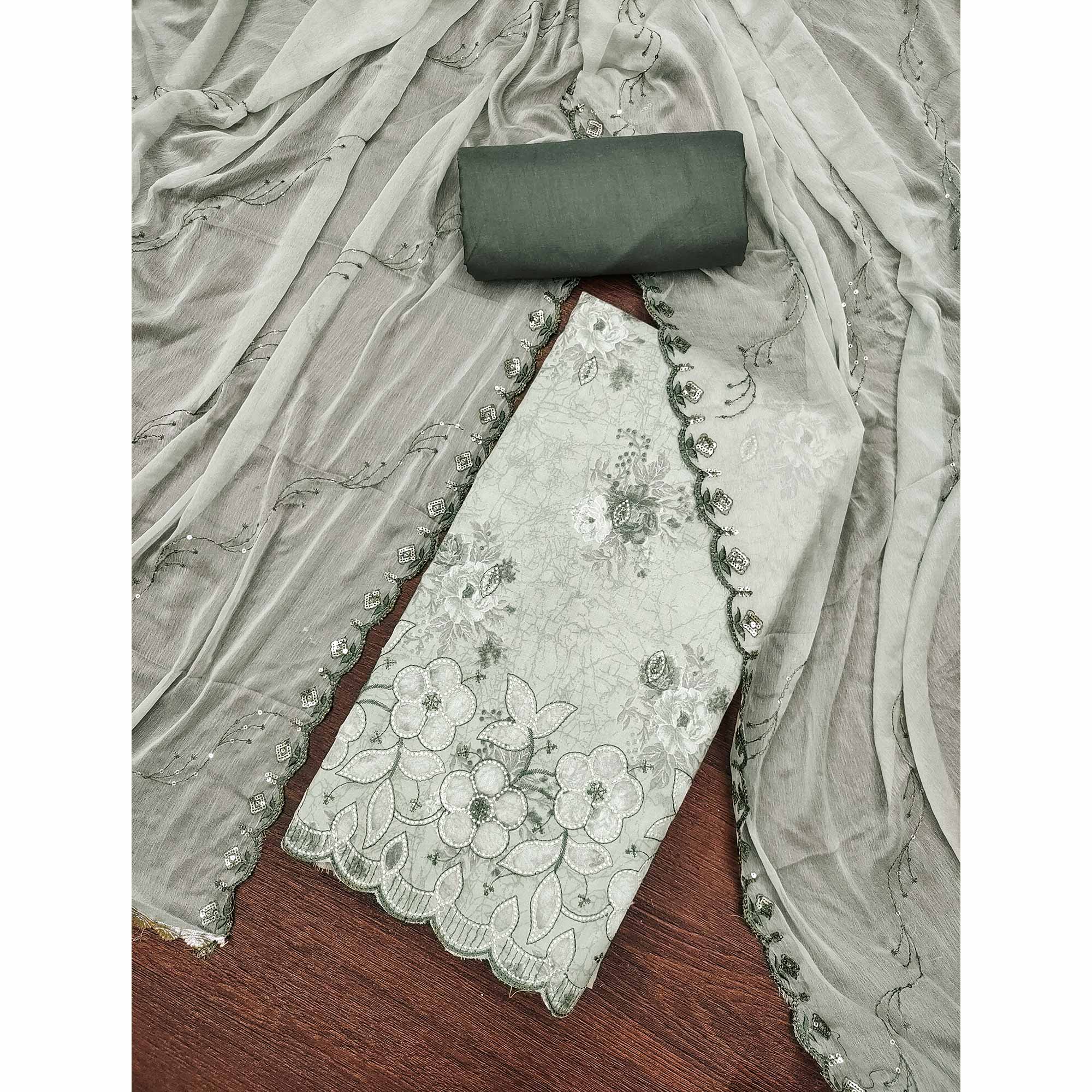 Green Floral Cambric Cotton Dress Material With Elegant Embroidery Work