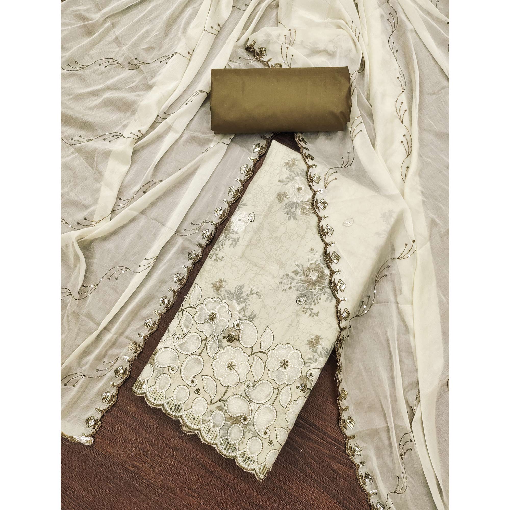 Mehendi Green Floral Cambric Cotton Dress Material With Elegant Embroidery Work