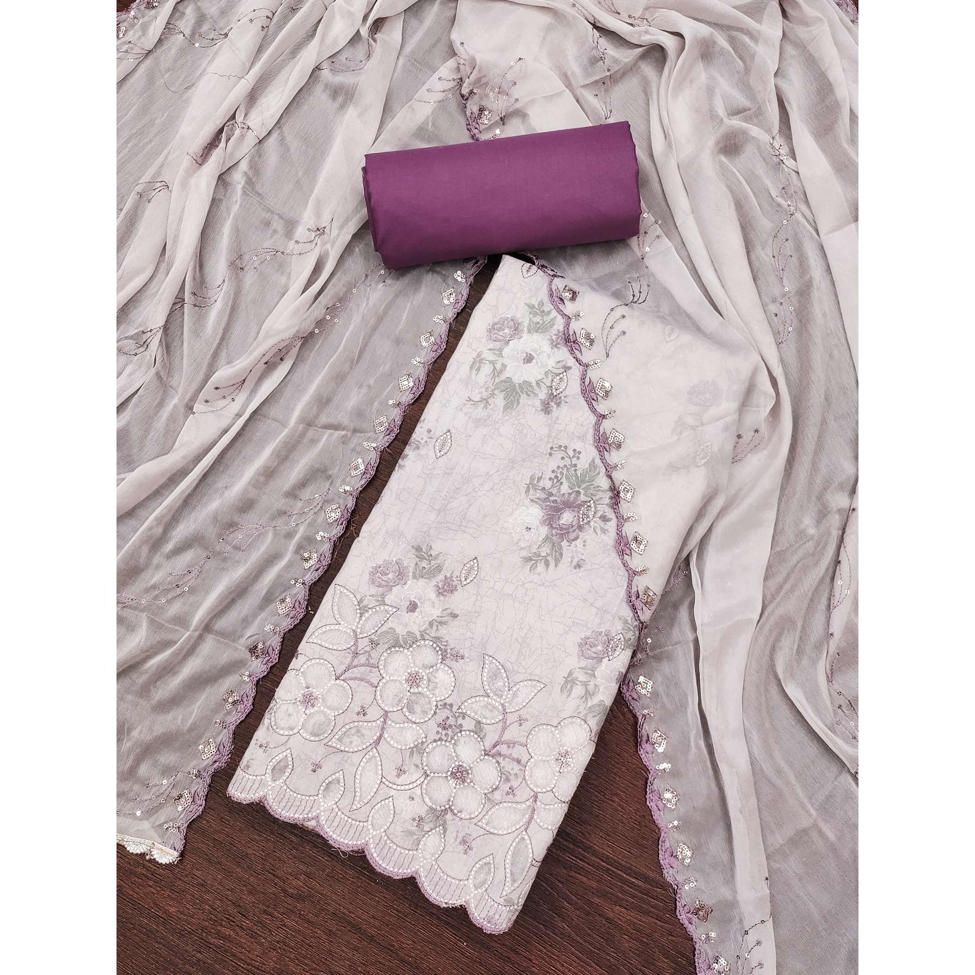 Purple Floral Cambric Cotton Dress Material With Elegant Embroidery Work