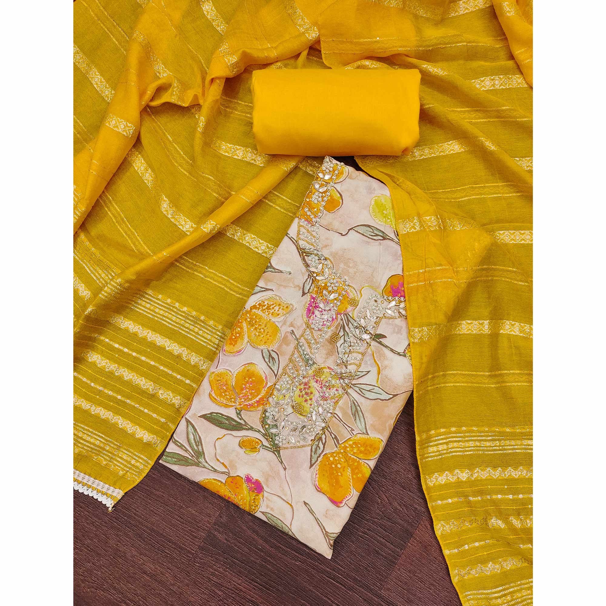 Yellow In Jam Cotton with Floral Print & Intricate Moti Handwork Dress Material