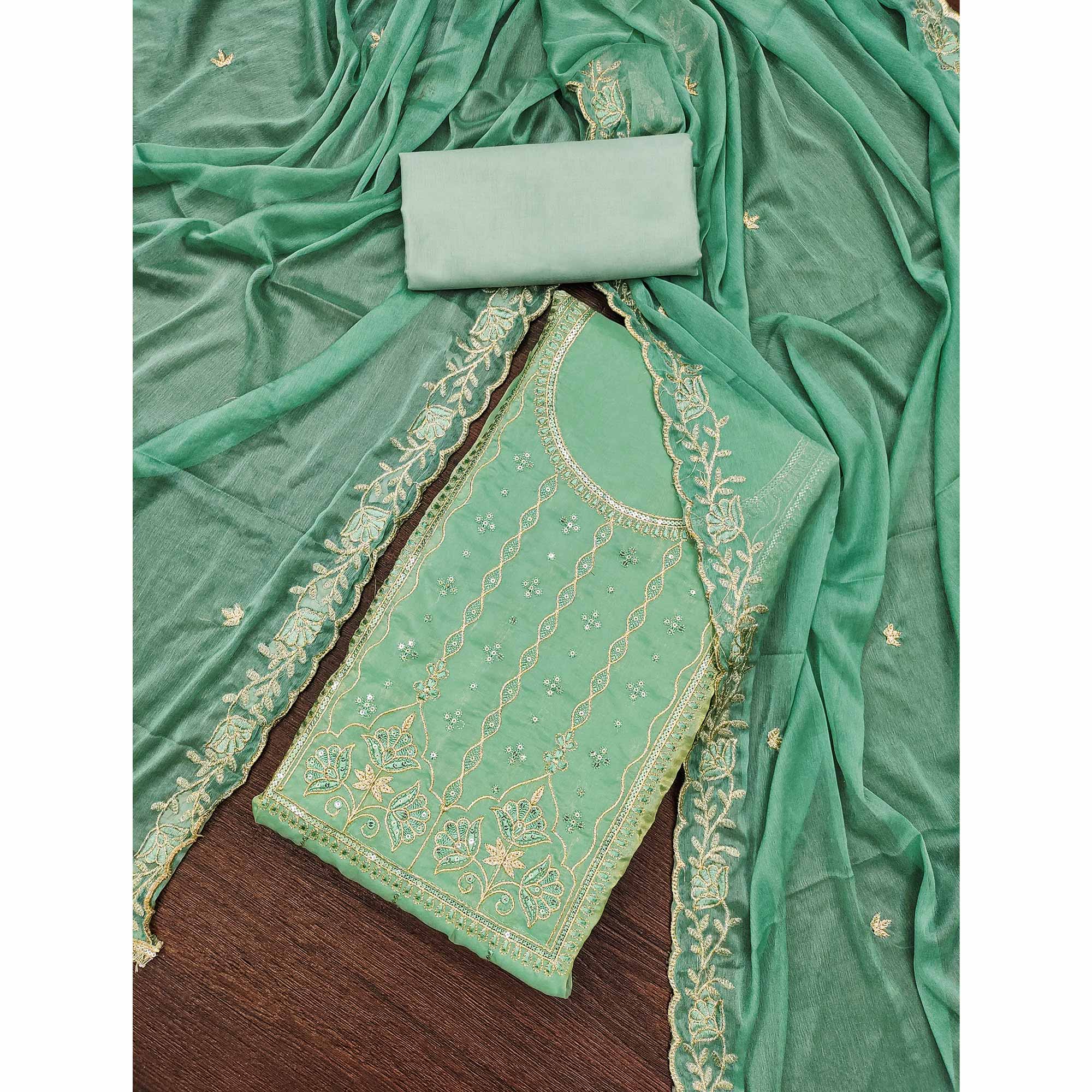 Green Floral Elegance With Sequins Embroidery On Viscose Satin Dress Material