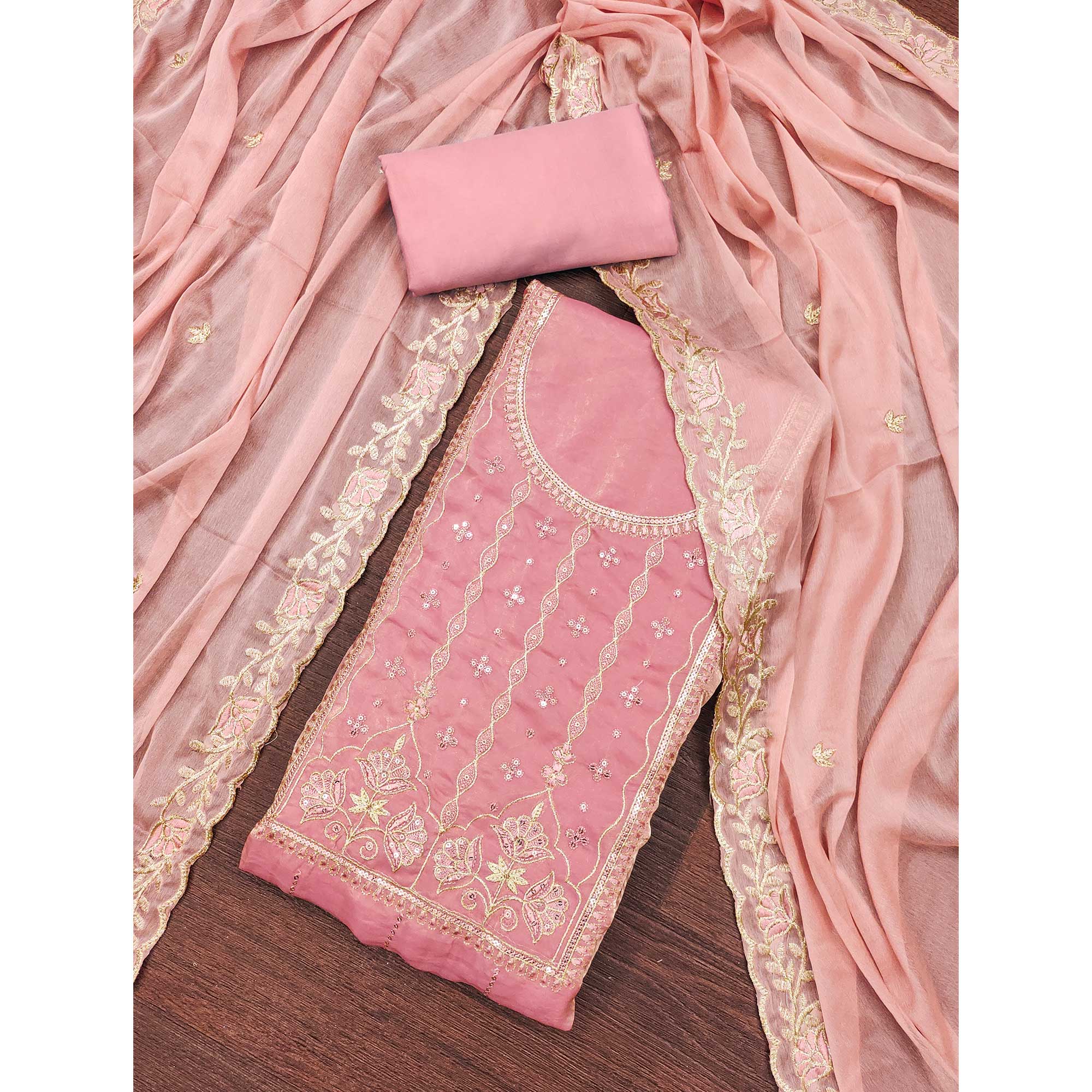 Peach Floral Elegance With Sequins Embroidery On Viscose Satin Dress Material