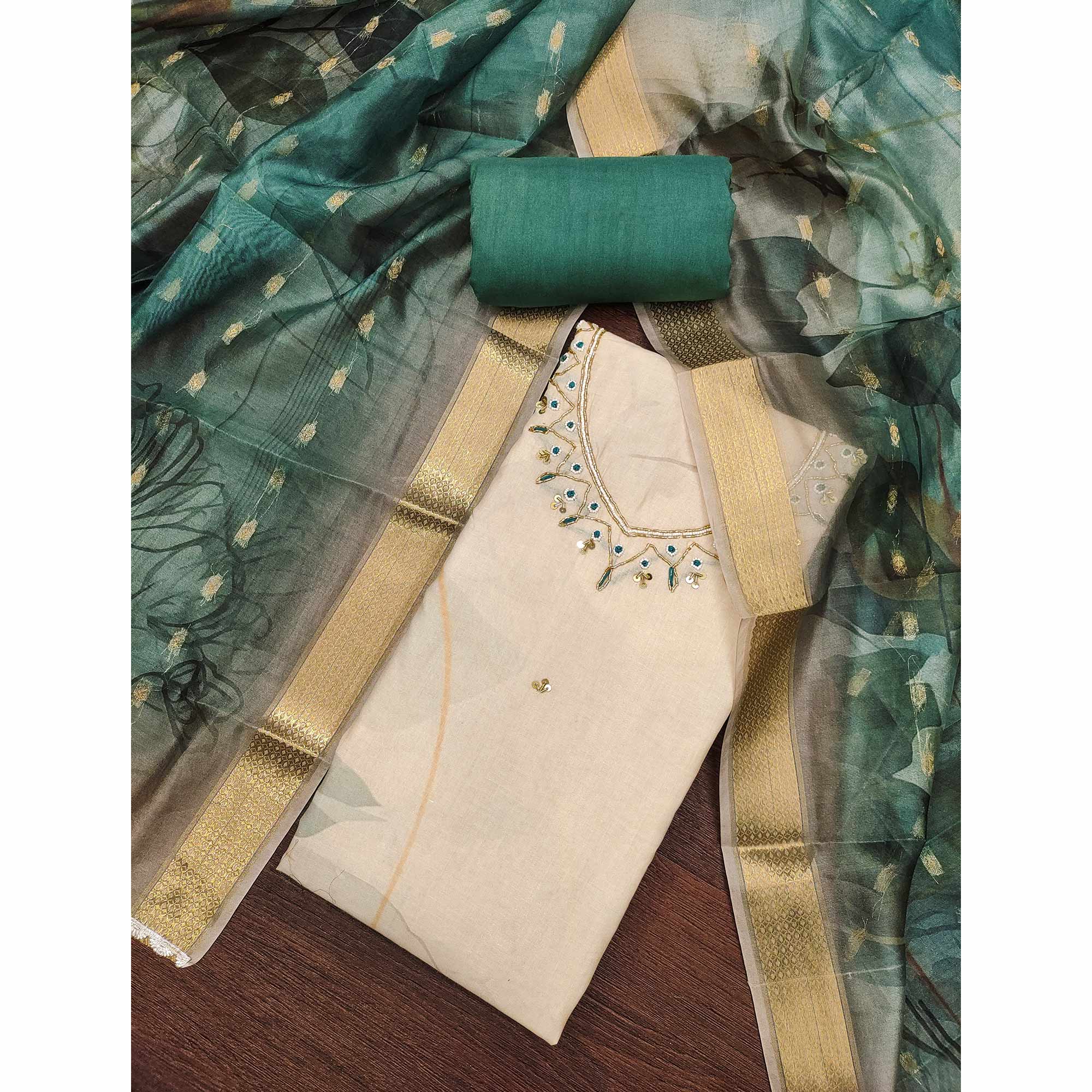 Green Cambric Cotton Dress Material Adorned With Floral Prints & Hand Moti Embellishment